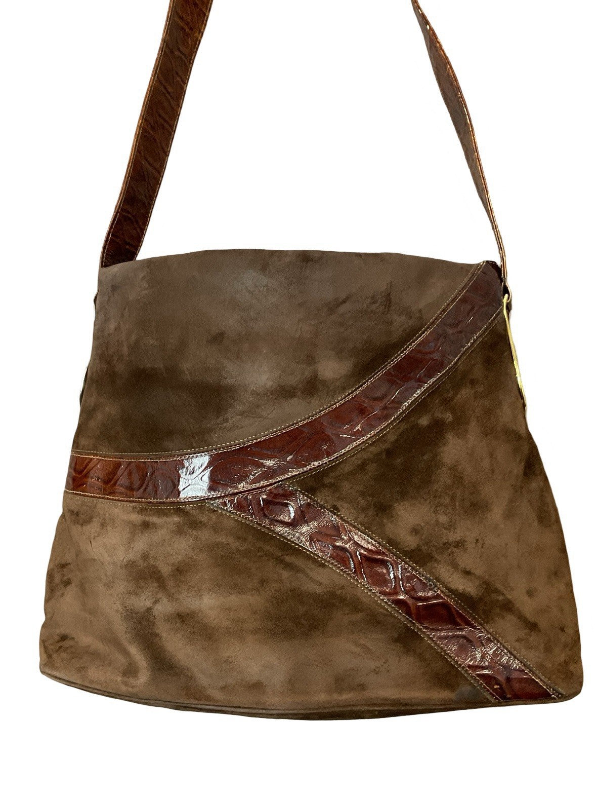 VTG 70S BROWN SUEDE SILVER GOLD GEOMETRIC PVC BOHO SHOULDER BAG