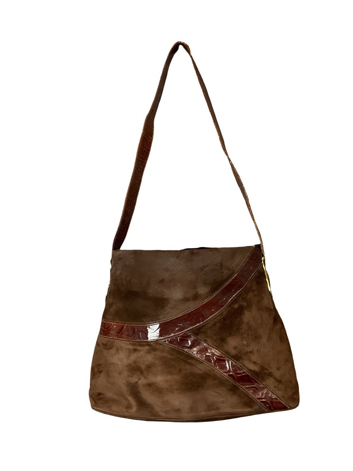 VTG 70S BROWN SUEDE SILVER GOLD GEOMETRIC PVC BOHO SHOULDER BAG