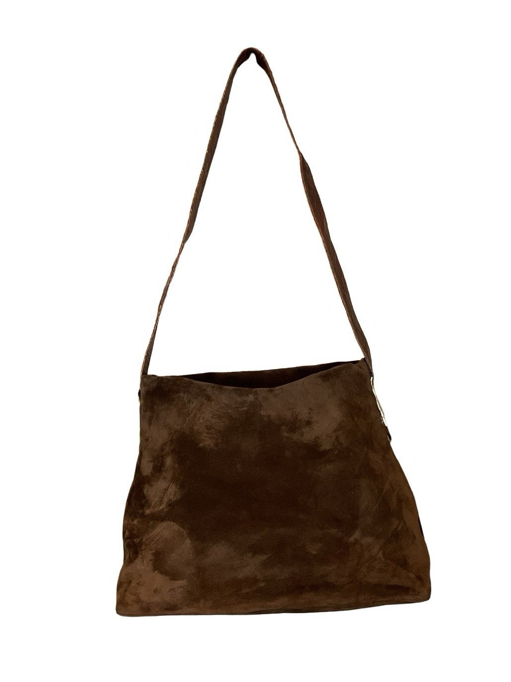 VTG 70S BROWN SUEDE SILVER GOLD GEOMETRIC PVC BOHO SHOULDER BAG