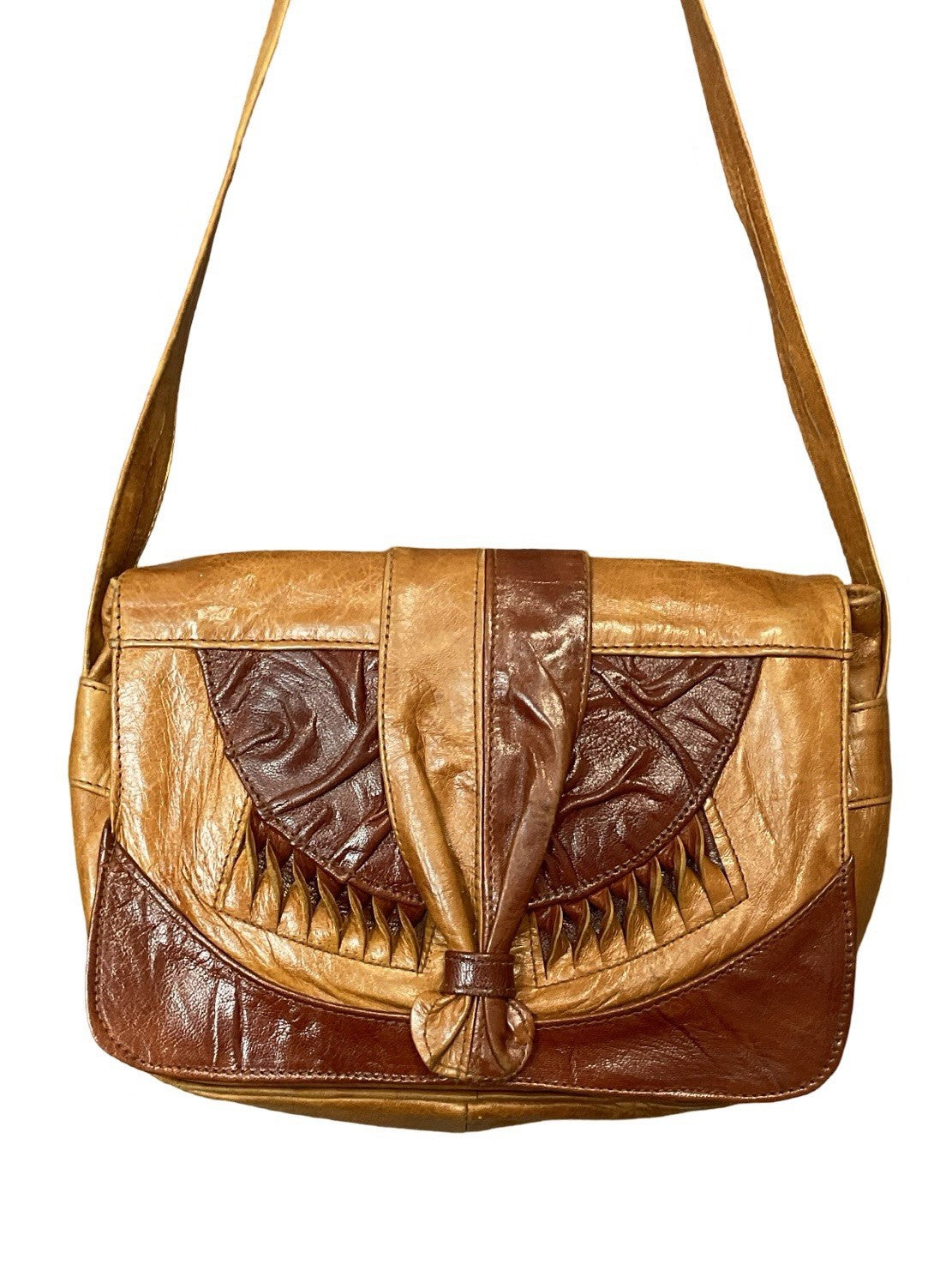 VTG 60S 70S TAN BURGUNDY BROWN LEATHER PLEATED RUCHED BOHO HIPPY SHOULDER BAG