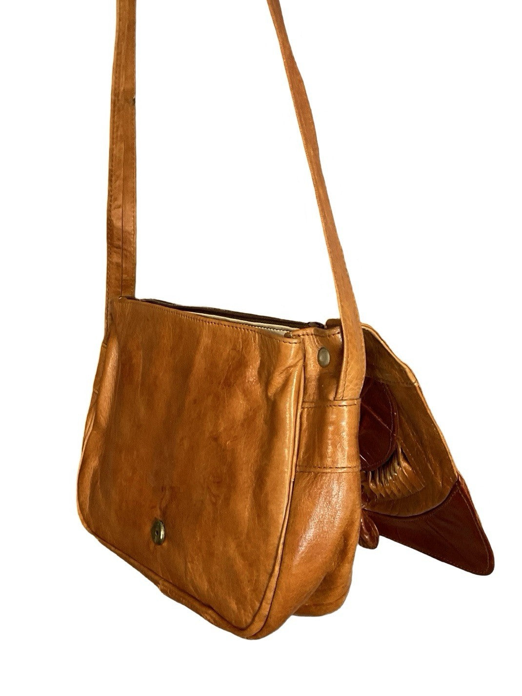 VTG 60S 70S TAN BURGUNDY BROWN LEATHER PLEATED RUCHED BOHO HIPPY SHOULDER BAG