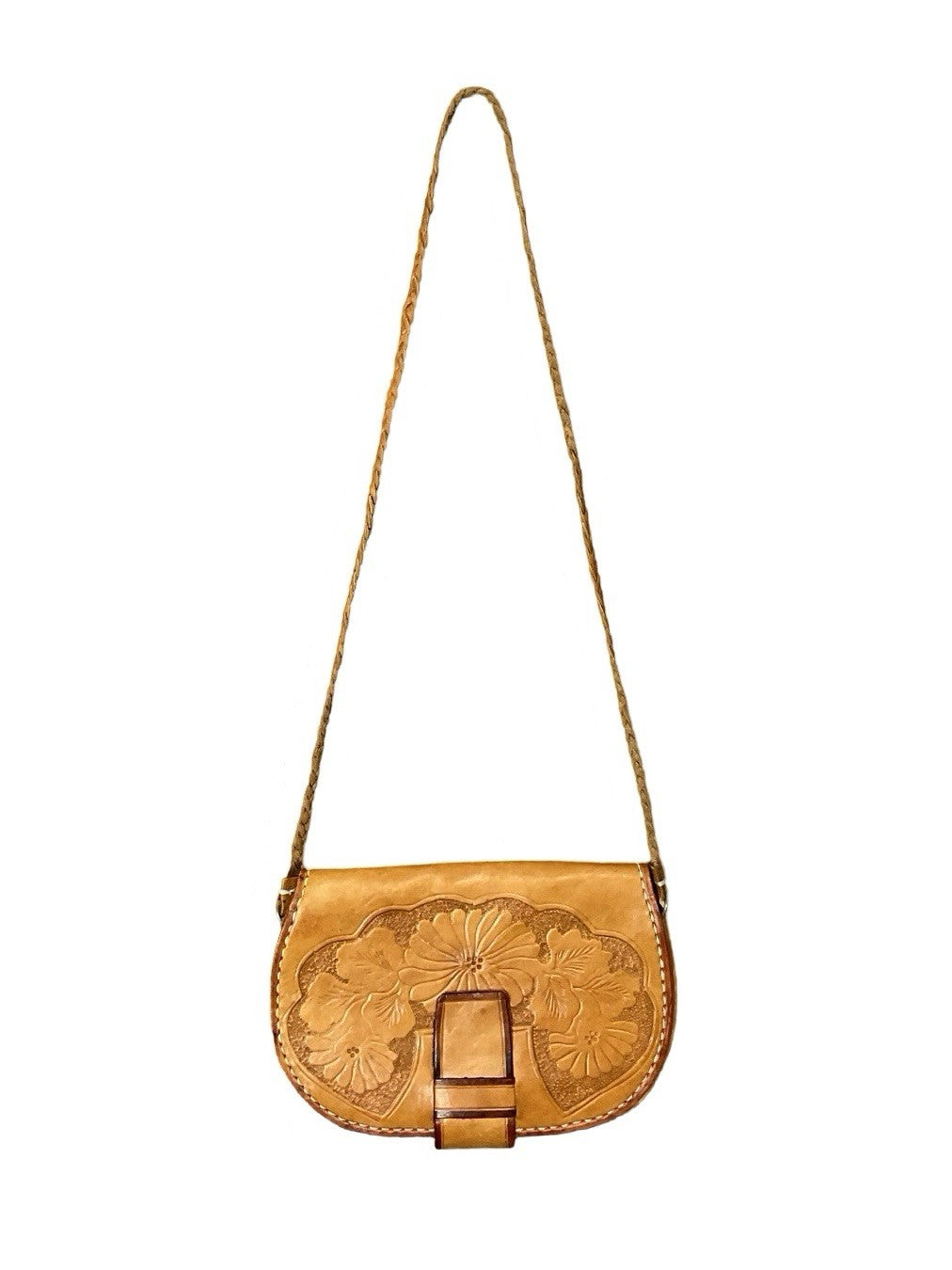 VTG 60S 70S TAN LEATHER FOLK BOHO FLORAL EMBOSSED PLAITED STRAP SHOULDER BAG
