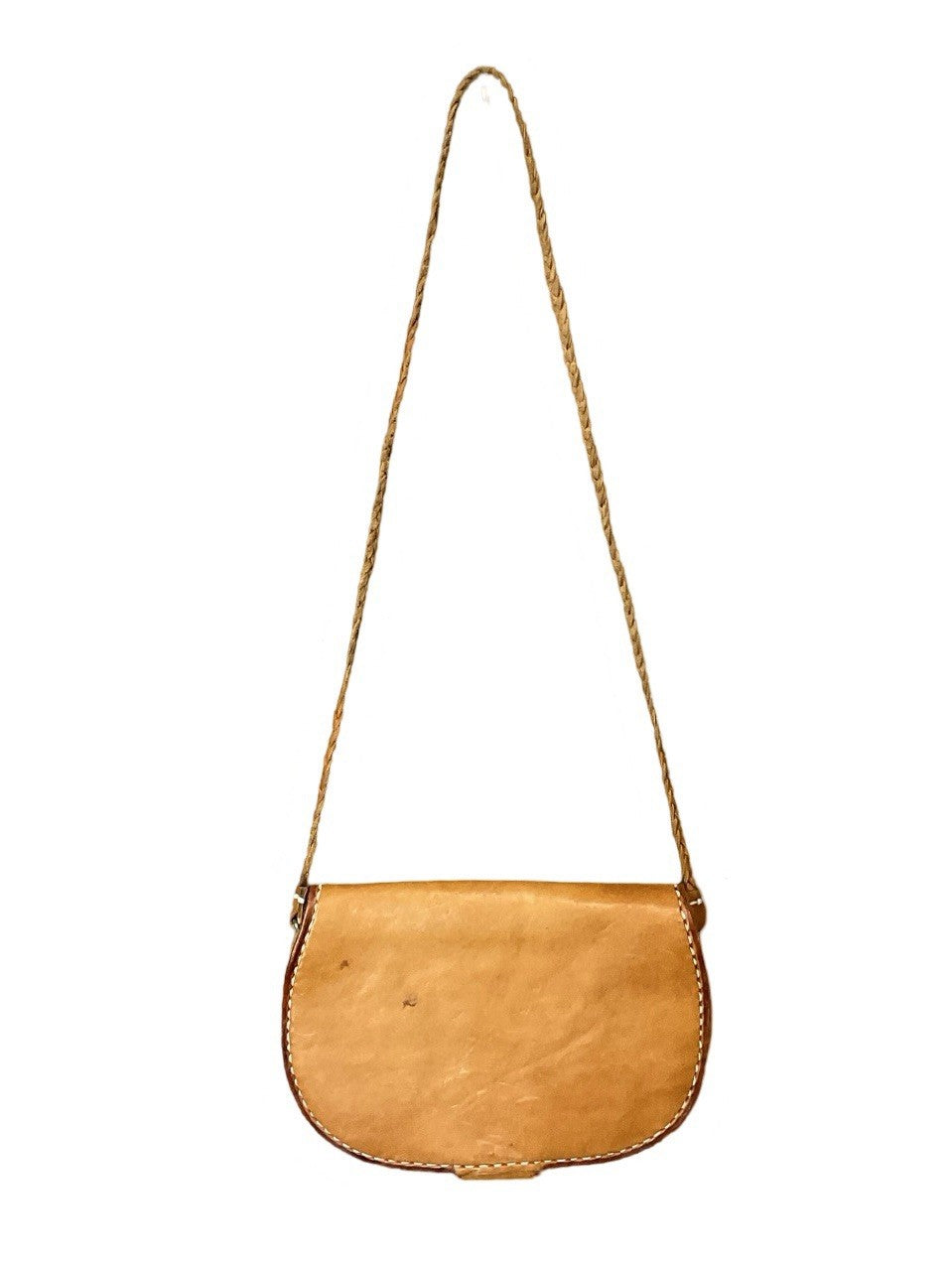 VTG 60S 70S TAN LEATHER FOLK BOHO FLORAL EMBOSSED PLAITED STRAP SHOULDER BAG