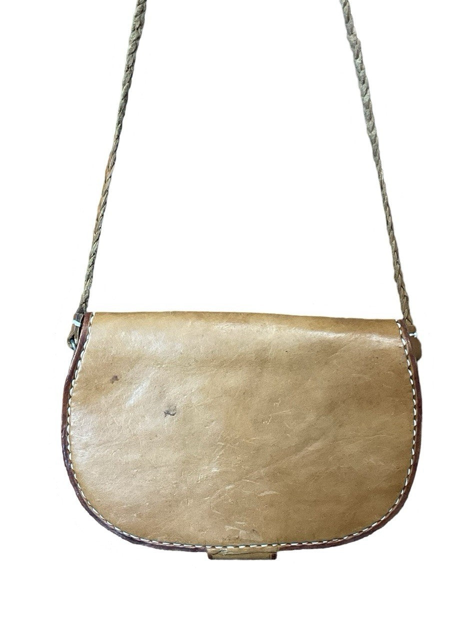 VTG 60S 70S TAN LEATHER FOLK BOHO FLORAL EMBOSSED PLAITED STRAP SHOULDER BAG