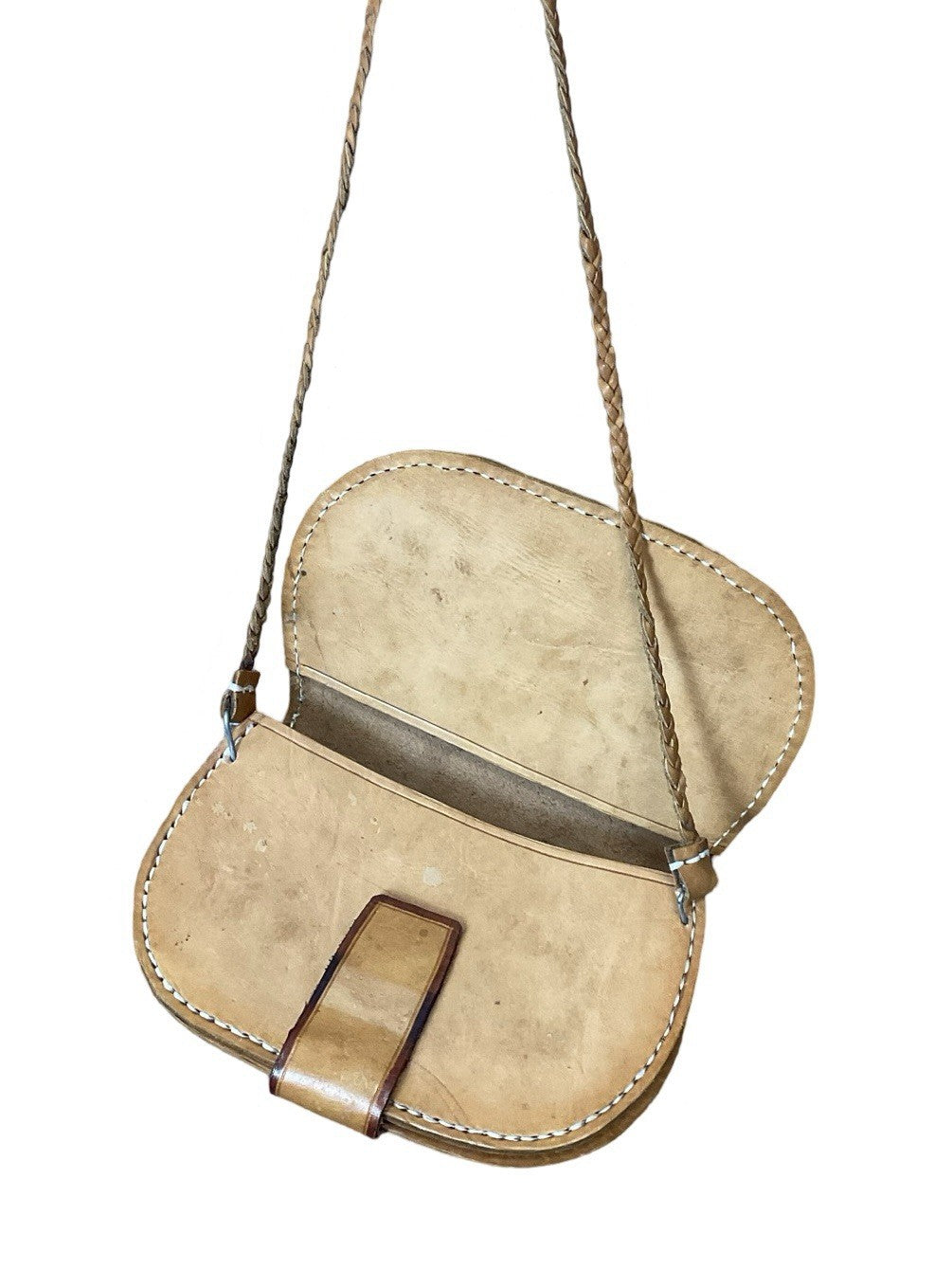VTG 60S 70S TAN LEATHER FOLK BOHO FLORAL EMBOSSED PLAITED STRAP SHOULDER BAG