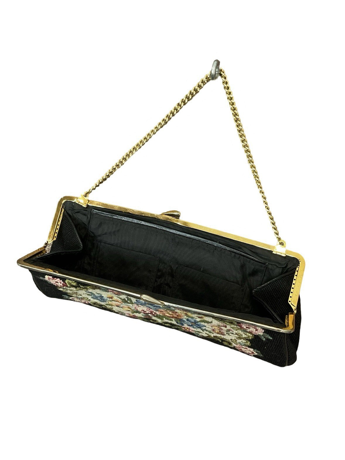 VTG 60S 70S BLACK PINK GREEN BLUE FLORAL ROSE EMBROIDERED TAPESTRY PURSE CLUTCH
