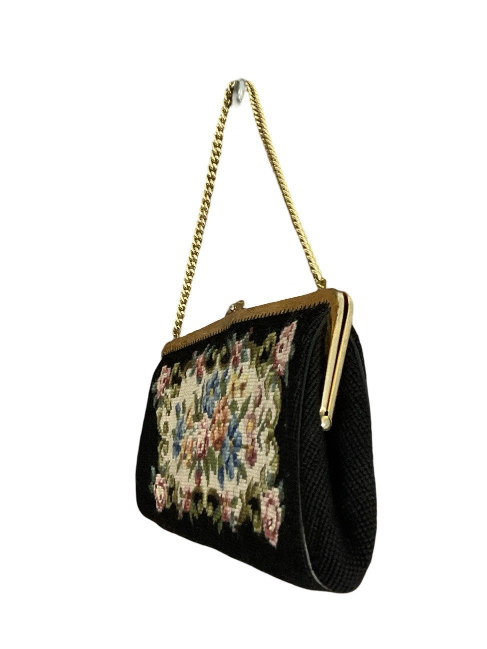 VTG 60S 70S BLACK PINK GREEN BLUE FLORAL ROSE EMBROIDERED TAPESTRY PURSE CLUTCH