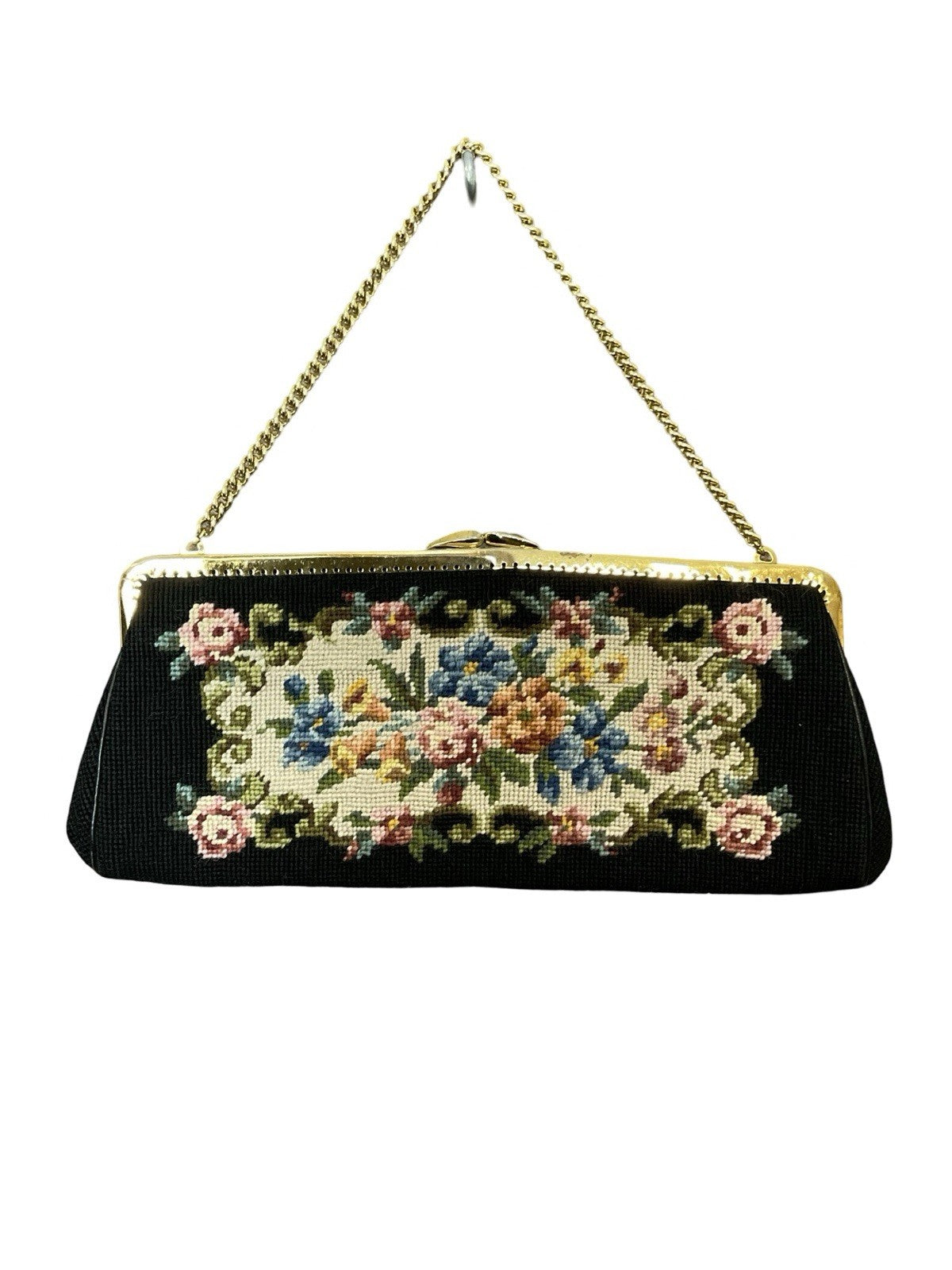 VTG 60S 70S BLACK PINK GREEN BLUE FLORAL ROSE EMBROIDERED TAPESTRY PURSE CLUTCH
