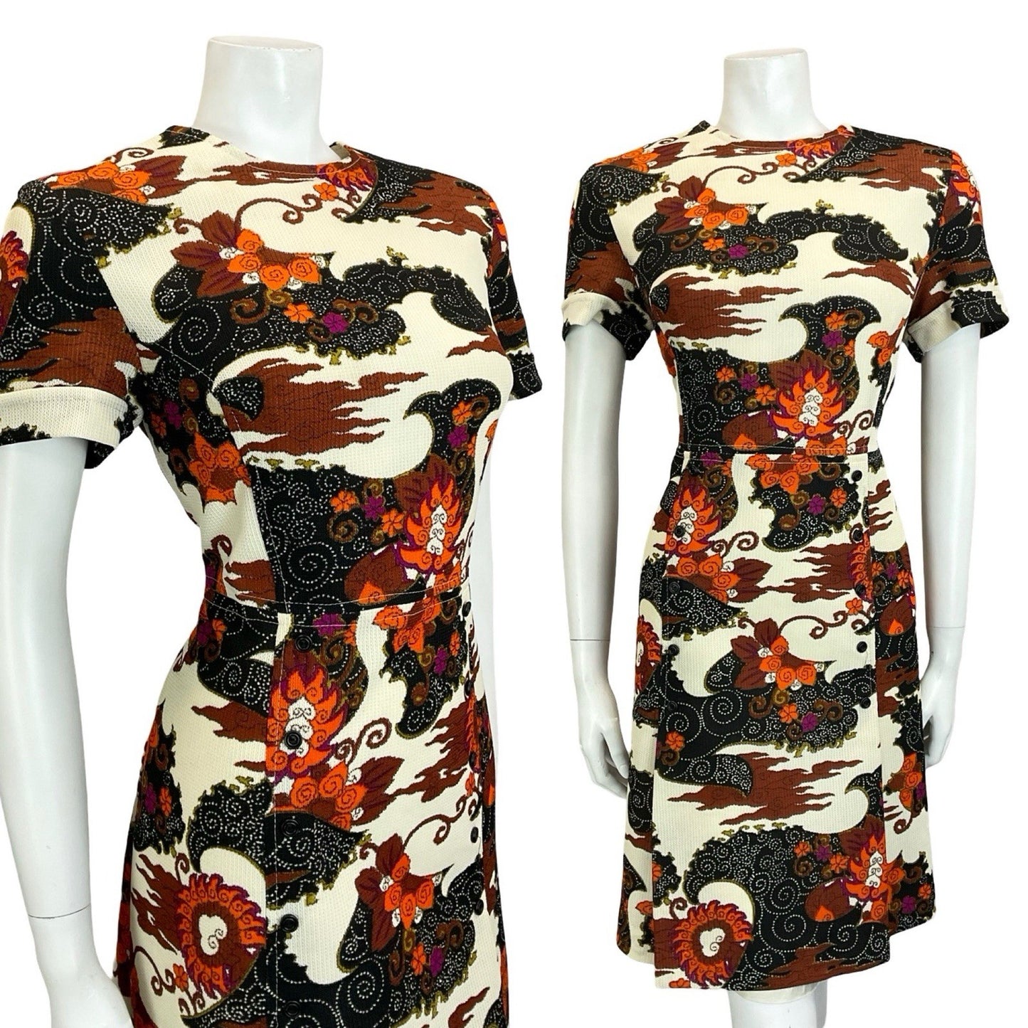 VTG 60S 70S CREAM BLACK BROWN ORANGE PSYCHEDELIC SWIRL CLOUD WIGGLE DRESS 14
