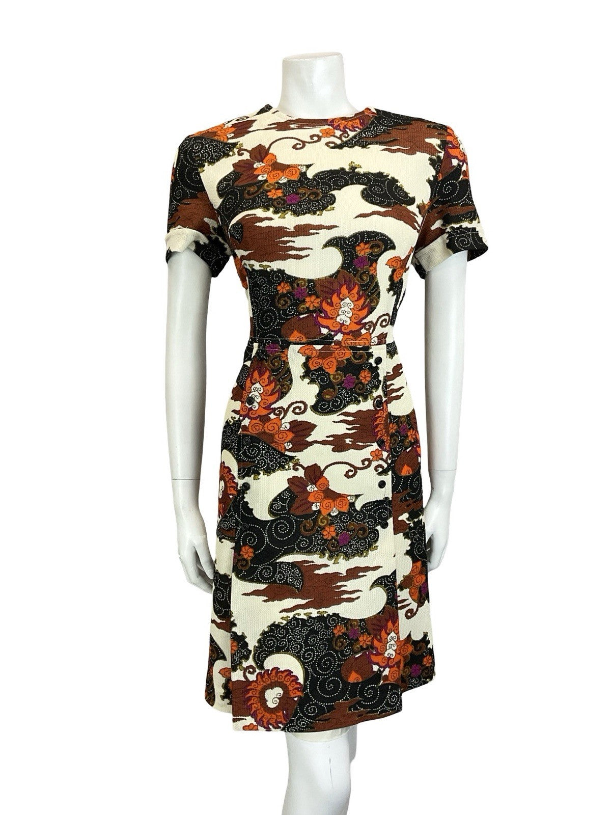 VTG 60S 70S CREAM BLACK BROWN ORANGE PSYCHEDELIC SWIRL CLOUD WIGGLE DRESS 14