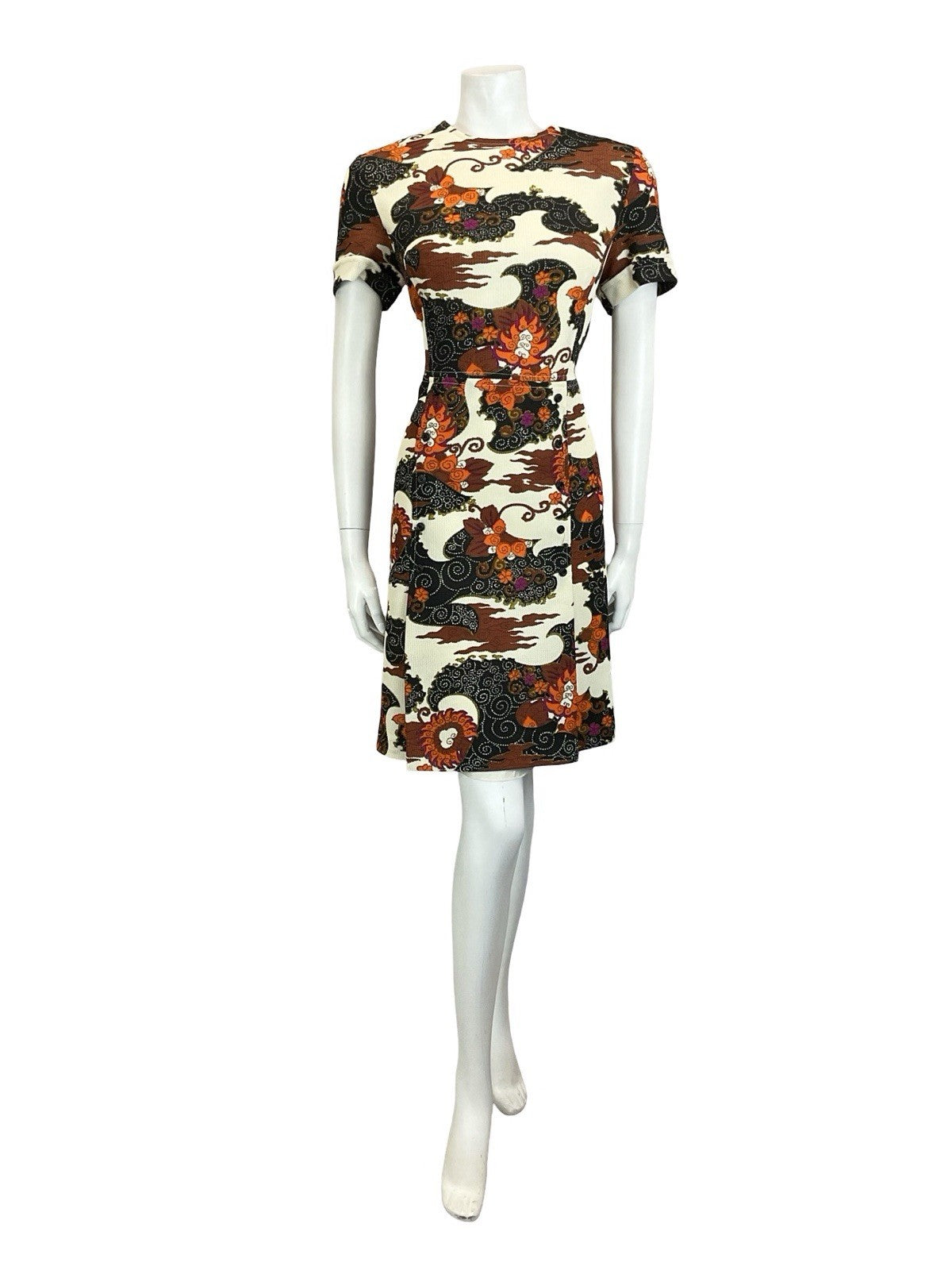 VTG 60S 70S CREAM BLACK BROWN ORANGE PSYCHEDELIC SWIRL CLOUD WIGGLE DRESS 14