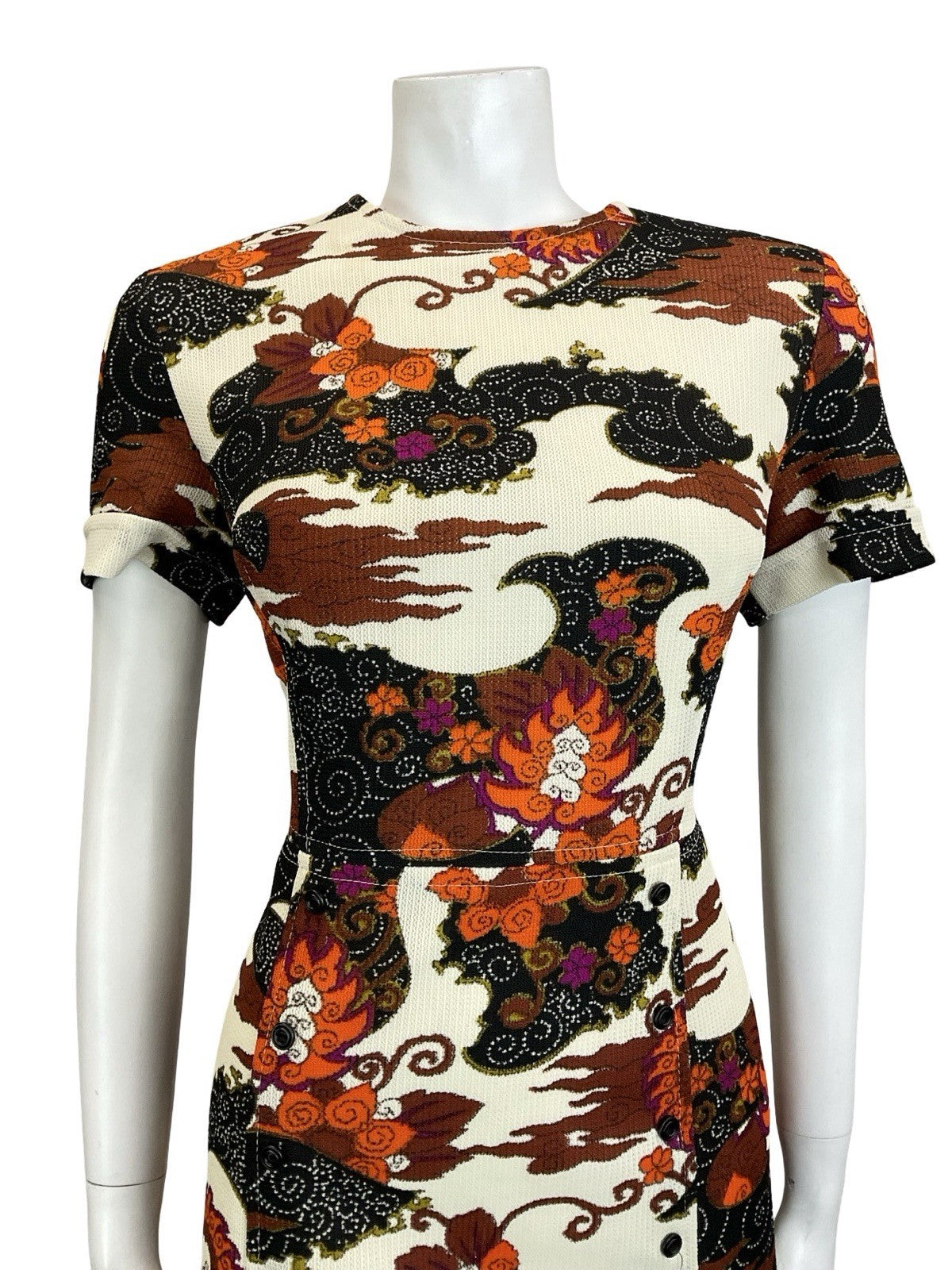 VTG 60S 70S CREAM BLACK BROWN ORANGE PSYCHEDELIC SWIRL CLOUD WIGGLE DRESS 14