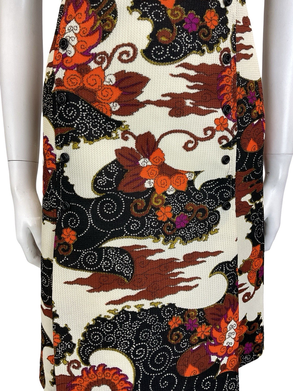 VTG 60S 70S CREAM BLACK BROWN ORANGE PSYCHEDELIC SWIRL CLOUD WIGGLE DRESS 14