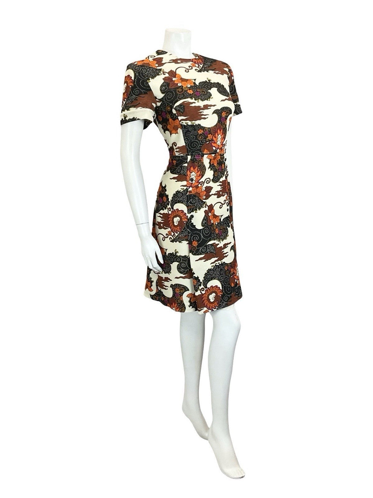 VTG 60S 70S CREAM BLACK BROWN ORANGE PSYCHEDELIC SWIRL CLOUD WIGGLE DRESS 14