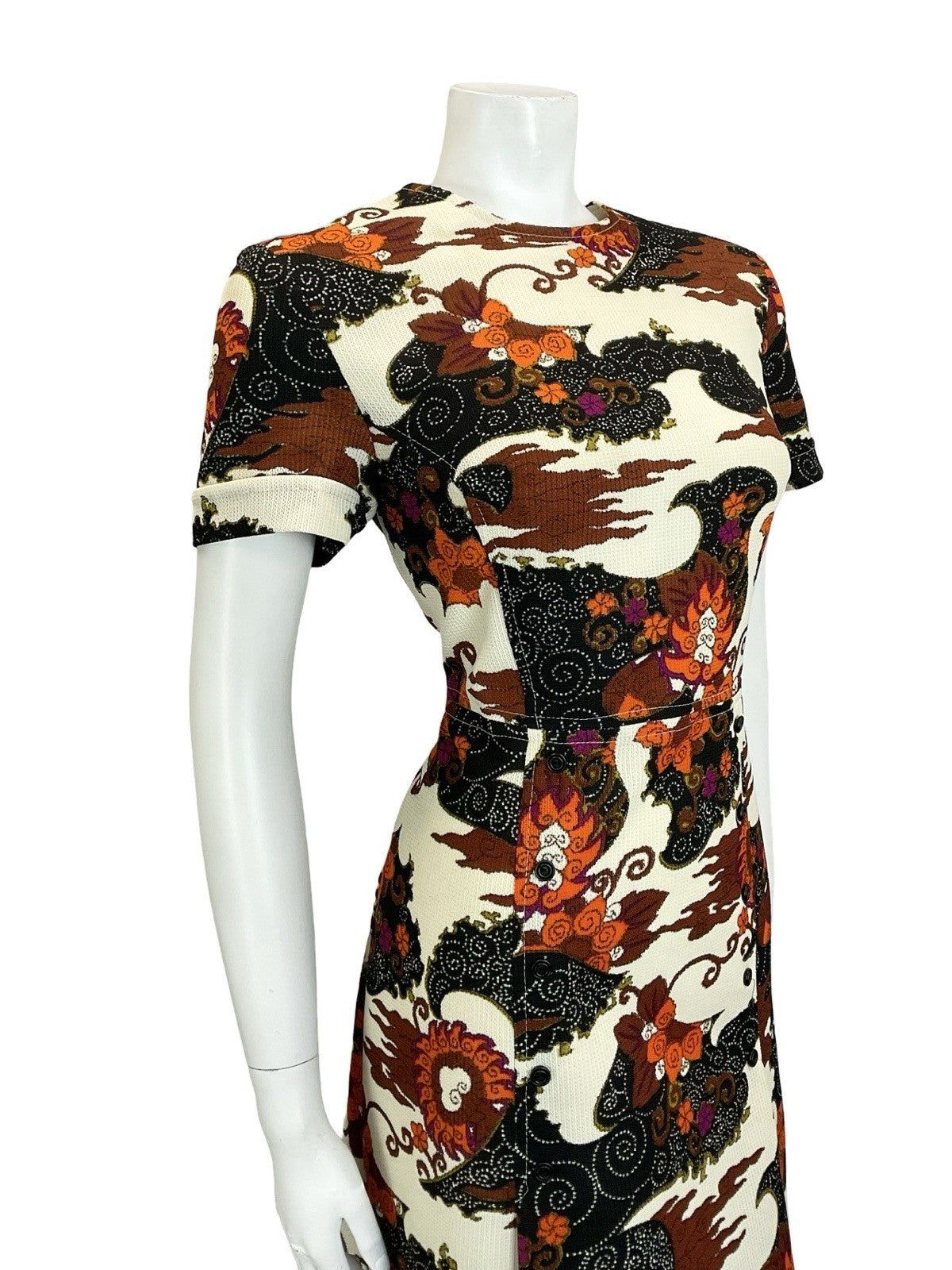 VTG 60S 70S CREAM BLACK BROWN ORANGE PSYCHEDELIC SWIRL CLOUD WIGGLE DRESS 14