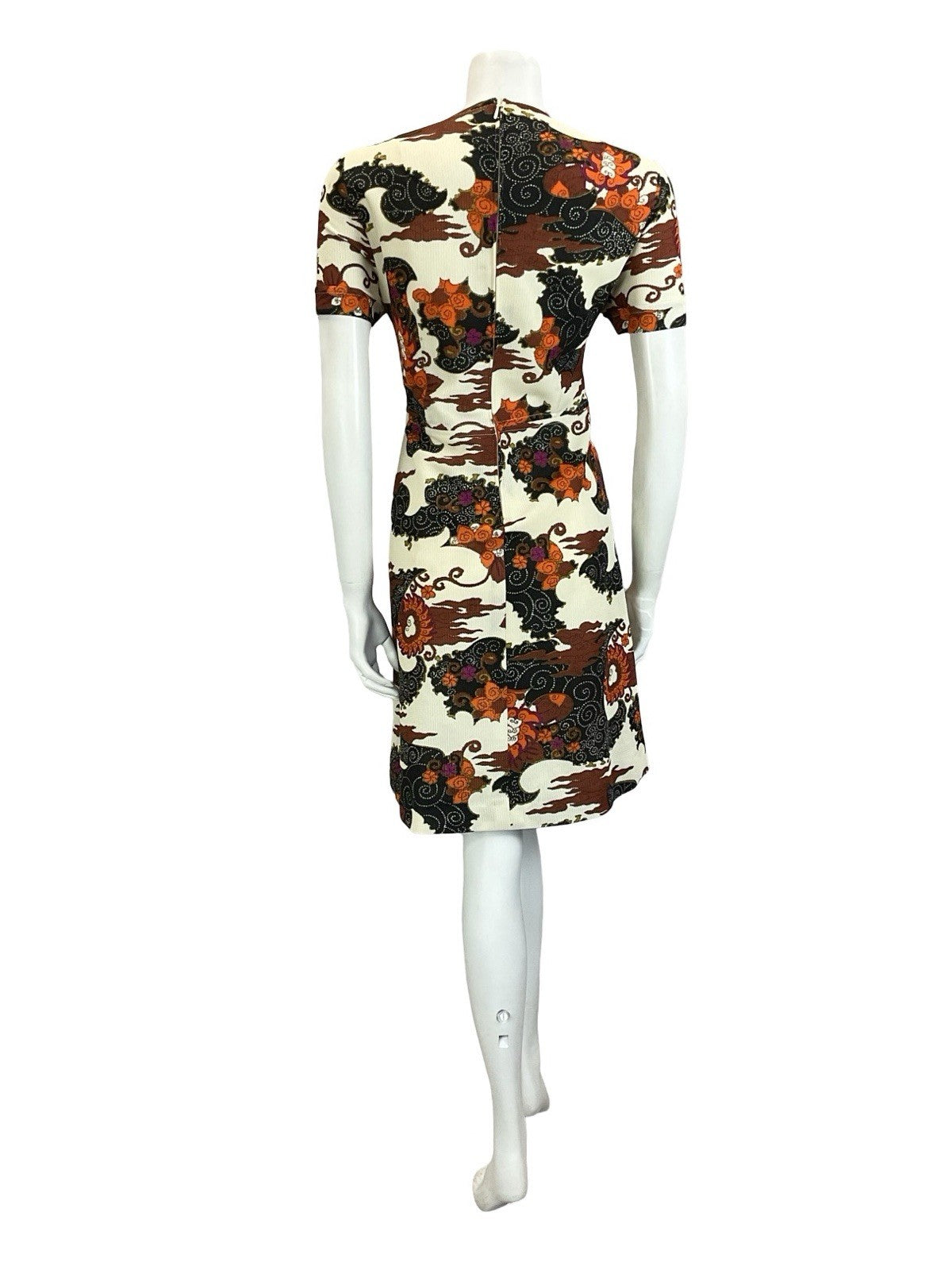 VTG 60S 70S CREAM BLACK BROWN ORANGE PSYCHEDELIC SWIRL CLOUD WIGGLE DRESS 14