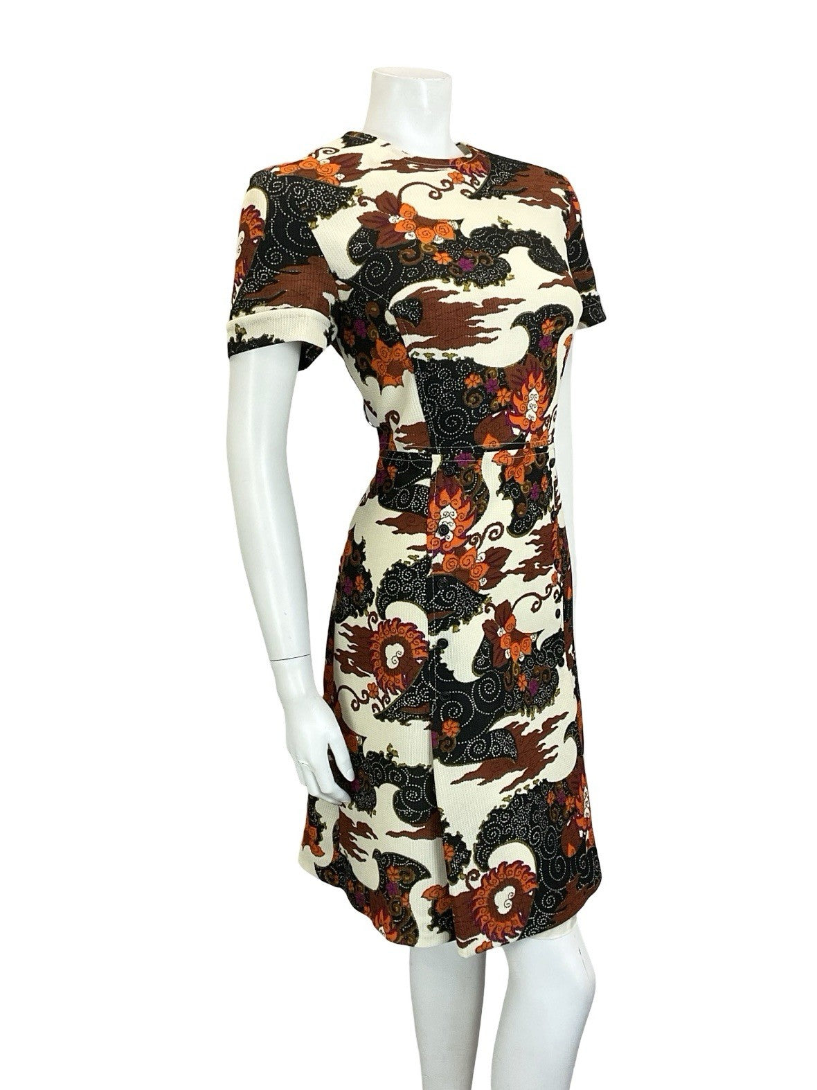 VTG 60S 70S CREAM BLACK BROWN ORANGE PSYCHEDELIC SWIRL CLOUD WIGGLE DRESS 14