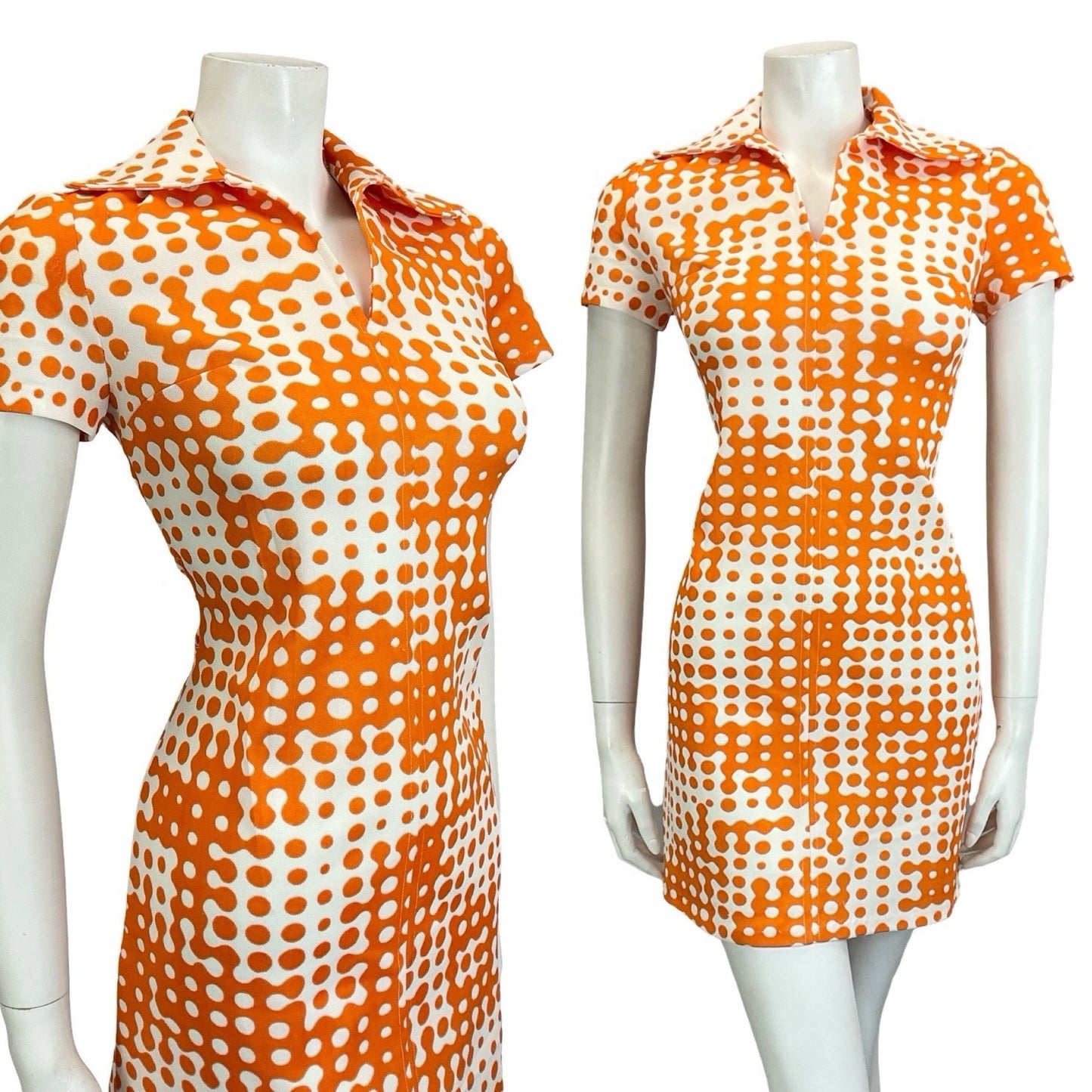 VTG 60S 70S MOD GEOMETRIC WHITE ORANGE ROUNDED COLLAR MINI SHIRT DRESS 10