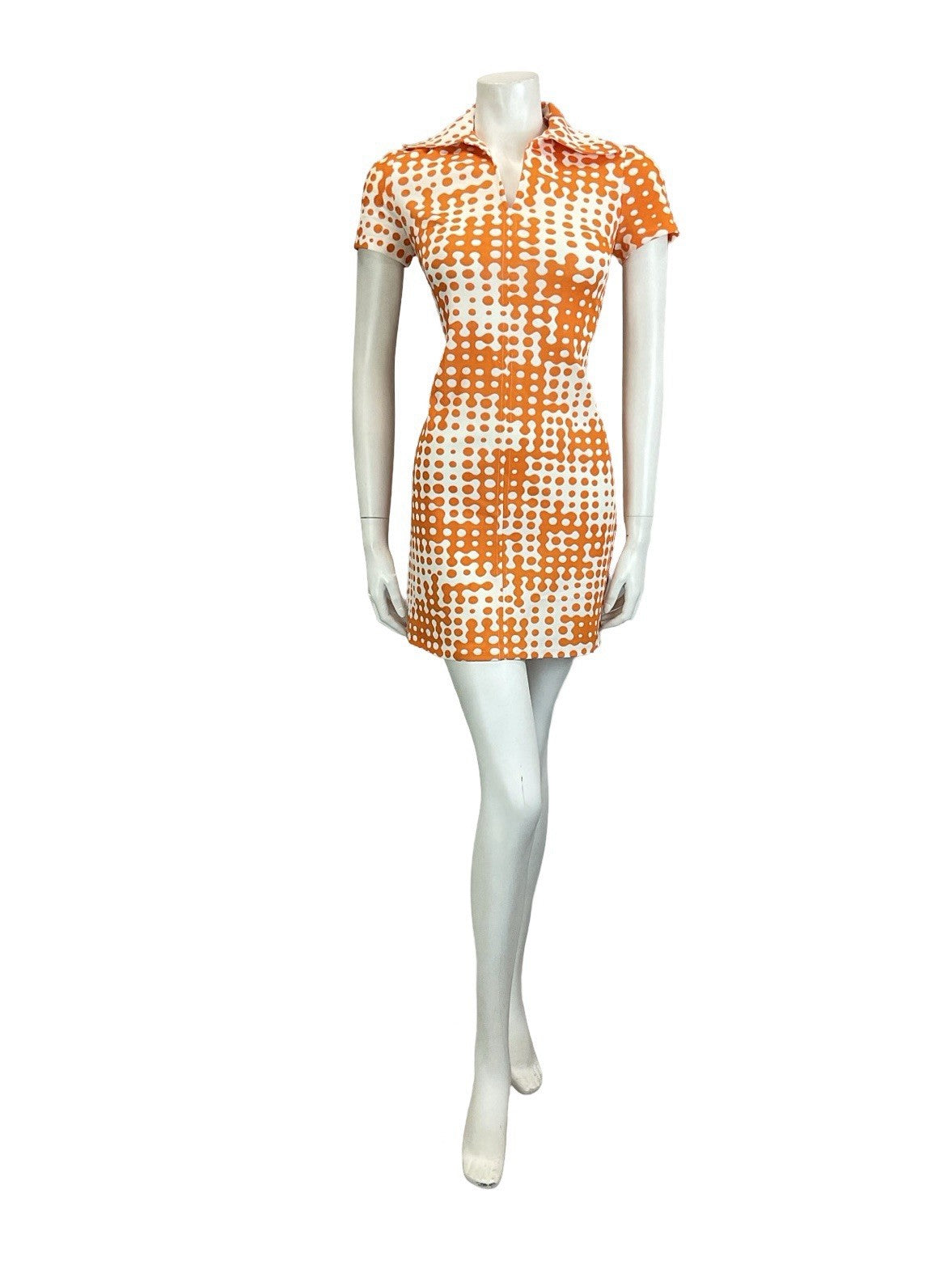 VTG 60S 70S MOD GEOMETRIC WHITE ORANGE ROUNDED COLLAR MINI SHIRT DRESS 10