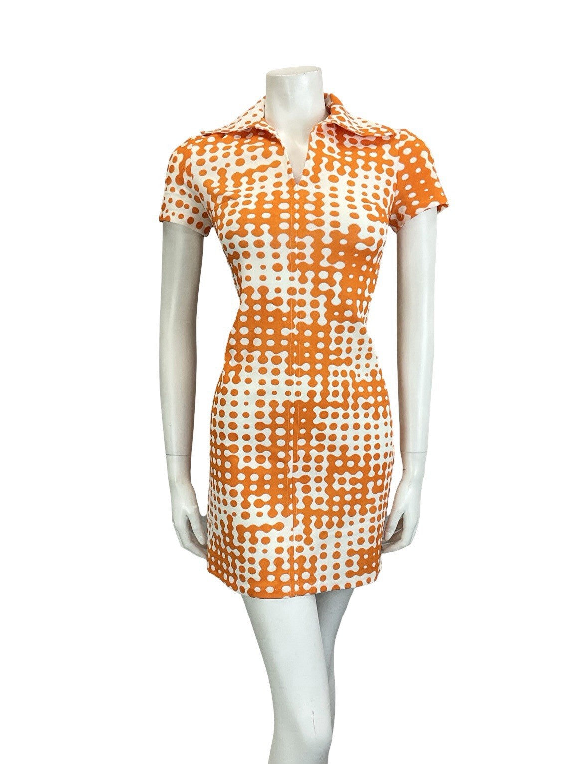 VTG 60S 70S MOD GEOMETRIC WHITE ORANGE ROUNDED COLLAR MINI SHIRT DRESS 10