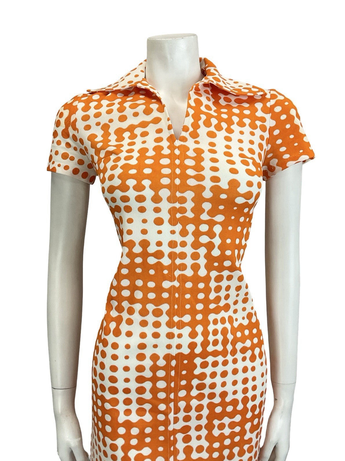 VTG 60S 70S MOD GEOMETRIC WHITE ORANGE ROUNDED COLLAR MINI SHIRT DRESS 10