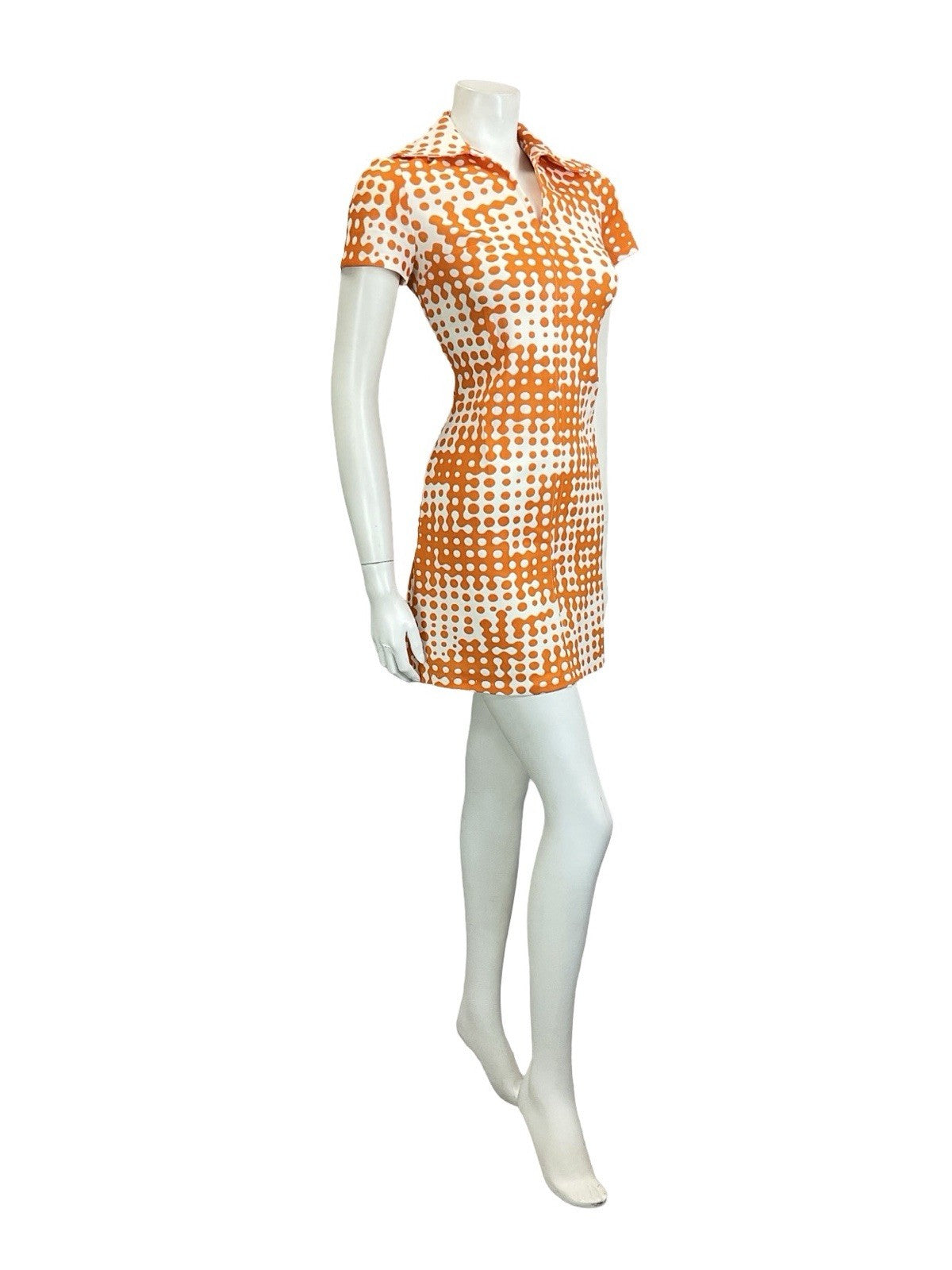VTG 60S 70S MOD GEOMETRIC WHITE ORANGE ROUNDED COLLAR MINI SHIRT DRESS 10