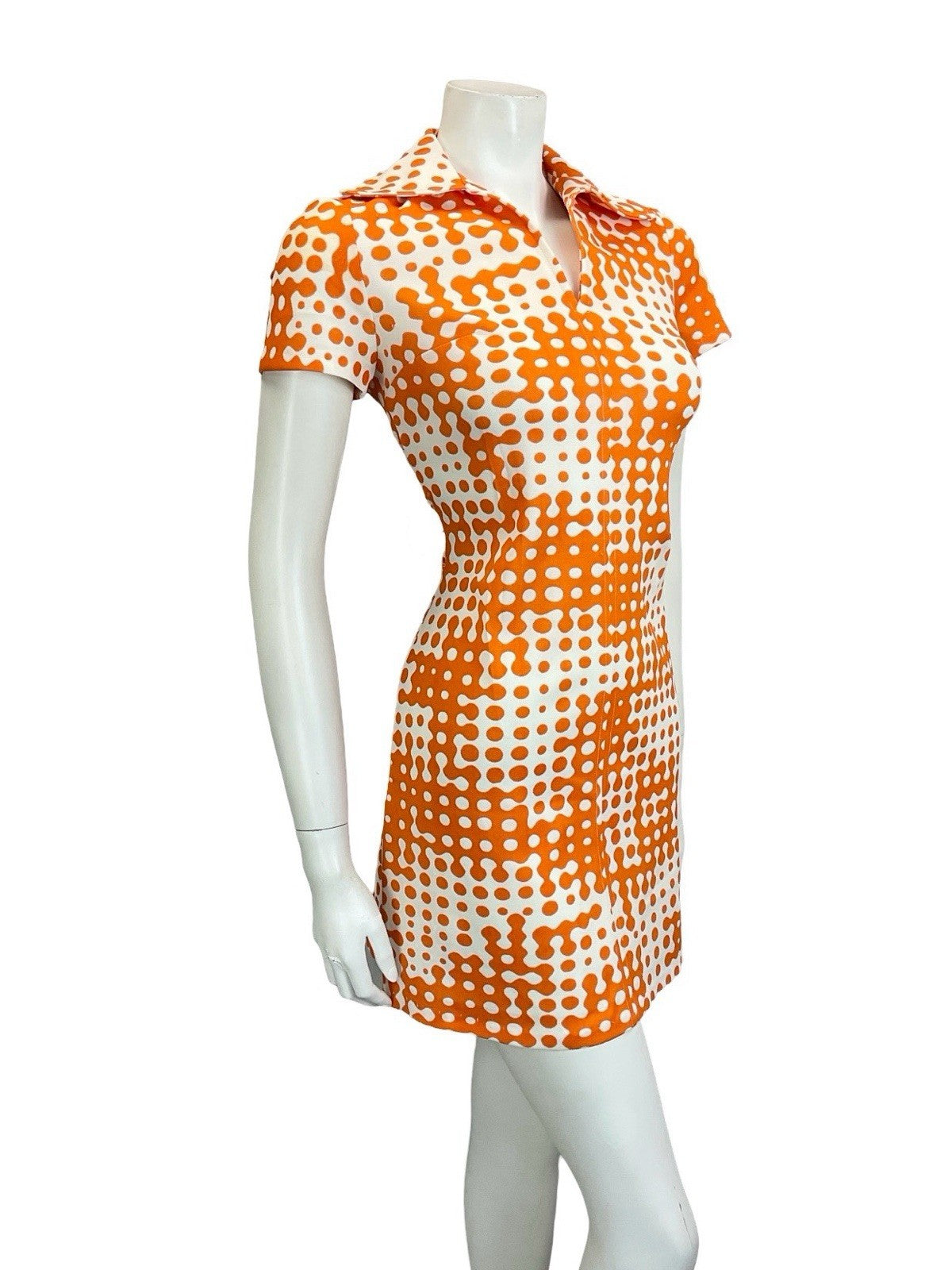 VTG 60S 70S MOD GEOMETRIC WHITE ORANGE ROUNDED COLLAR MINI SHIRT DRESS 10
