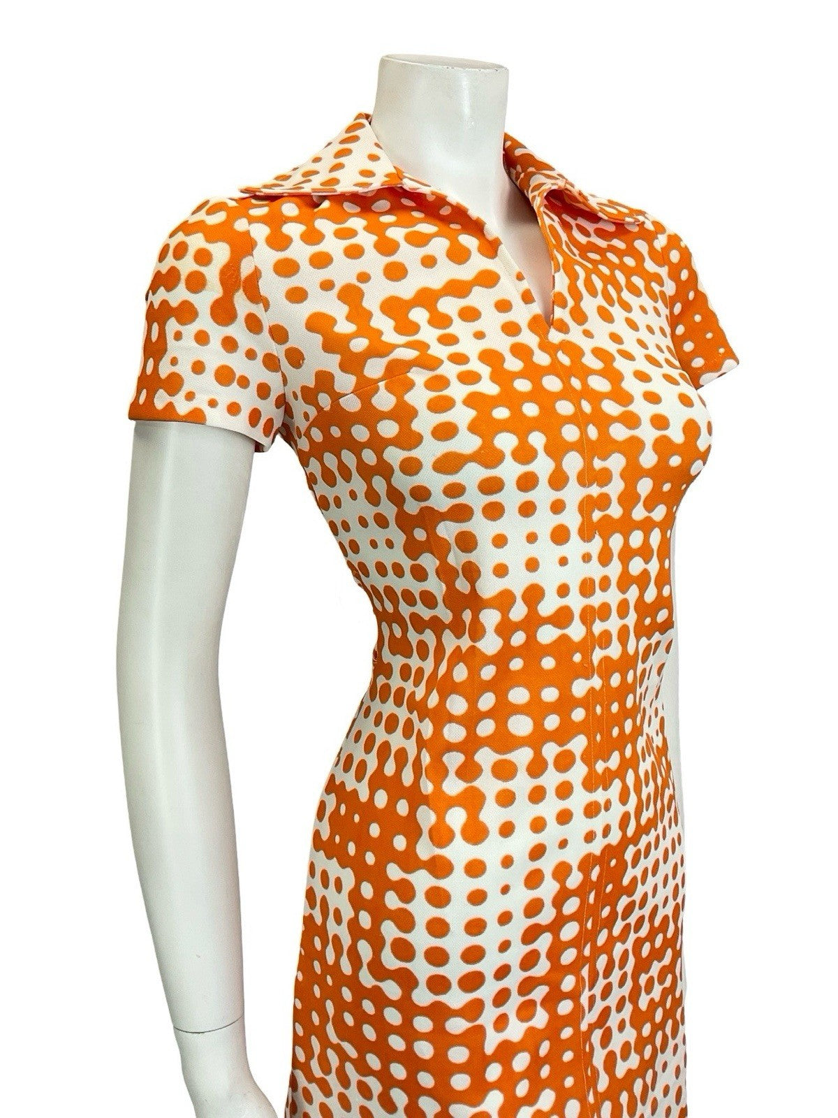 VTG 60S 70S MOD GEOMETRIC WHITE ORANGE ROUNDED COLLAR MINI SHIRT DRESS 10