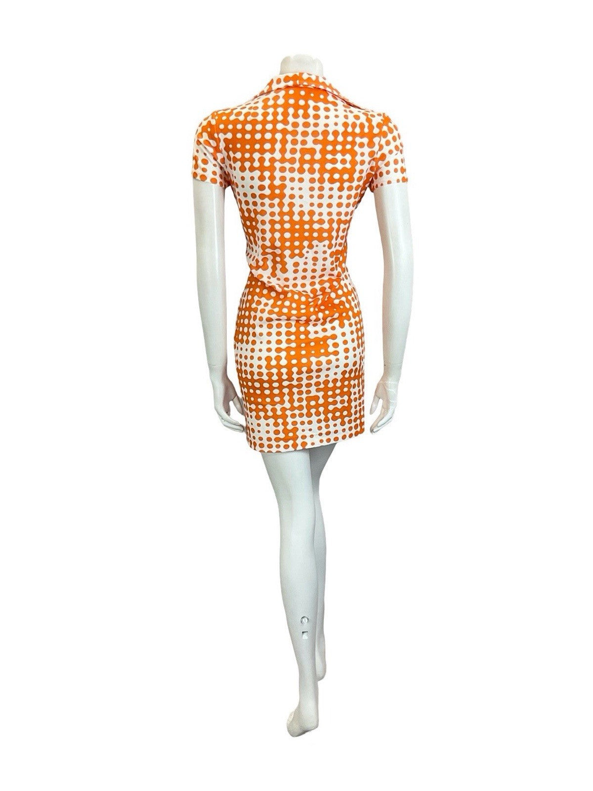 VTG 60S 70S MOD GEOMETRIC WHITE ORANGE ROUNDED COLLAR MINI SHIRT DRESS 10