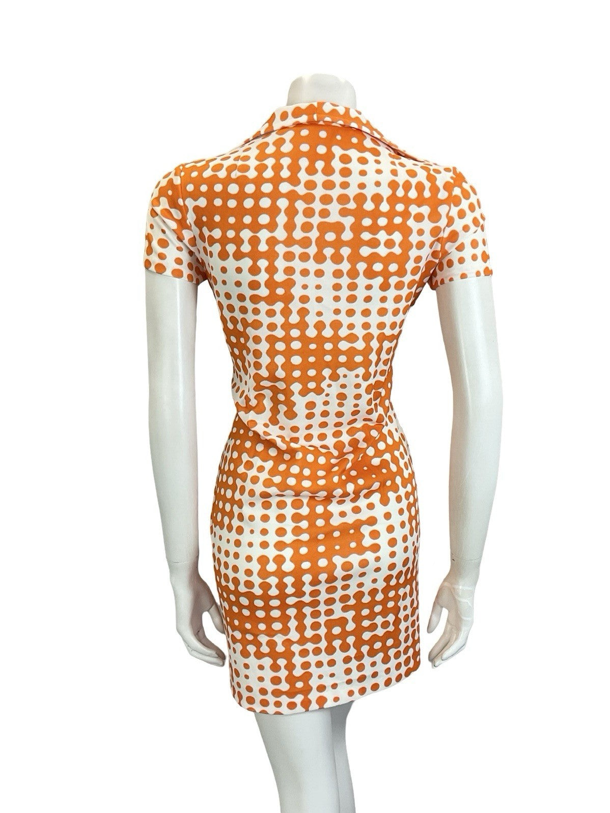 VTG 60S 70S MOD GEOMETRIC WHITE ORANGE ROUNDED COLLAR MINI SHIRT DRESS 10