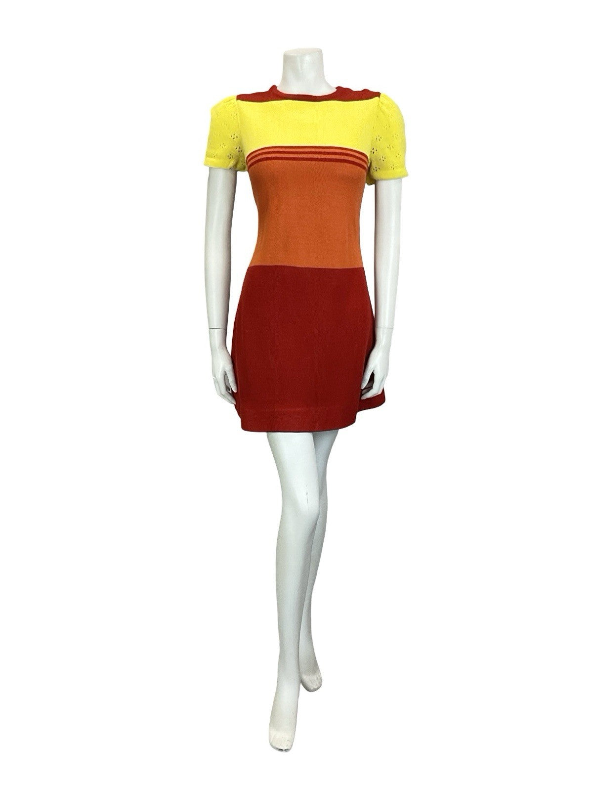 VTG 60S MOD GOGO RED YELLOW ORANGE COLOUR BLOCK PUFF SLEEVE KNIT MINI DRESS 10