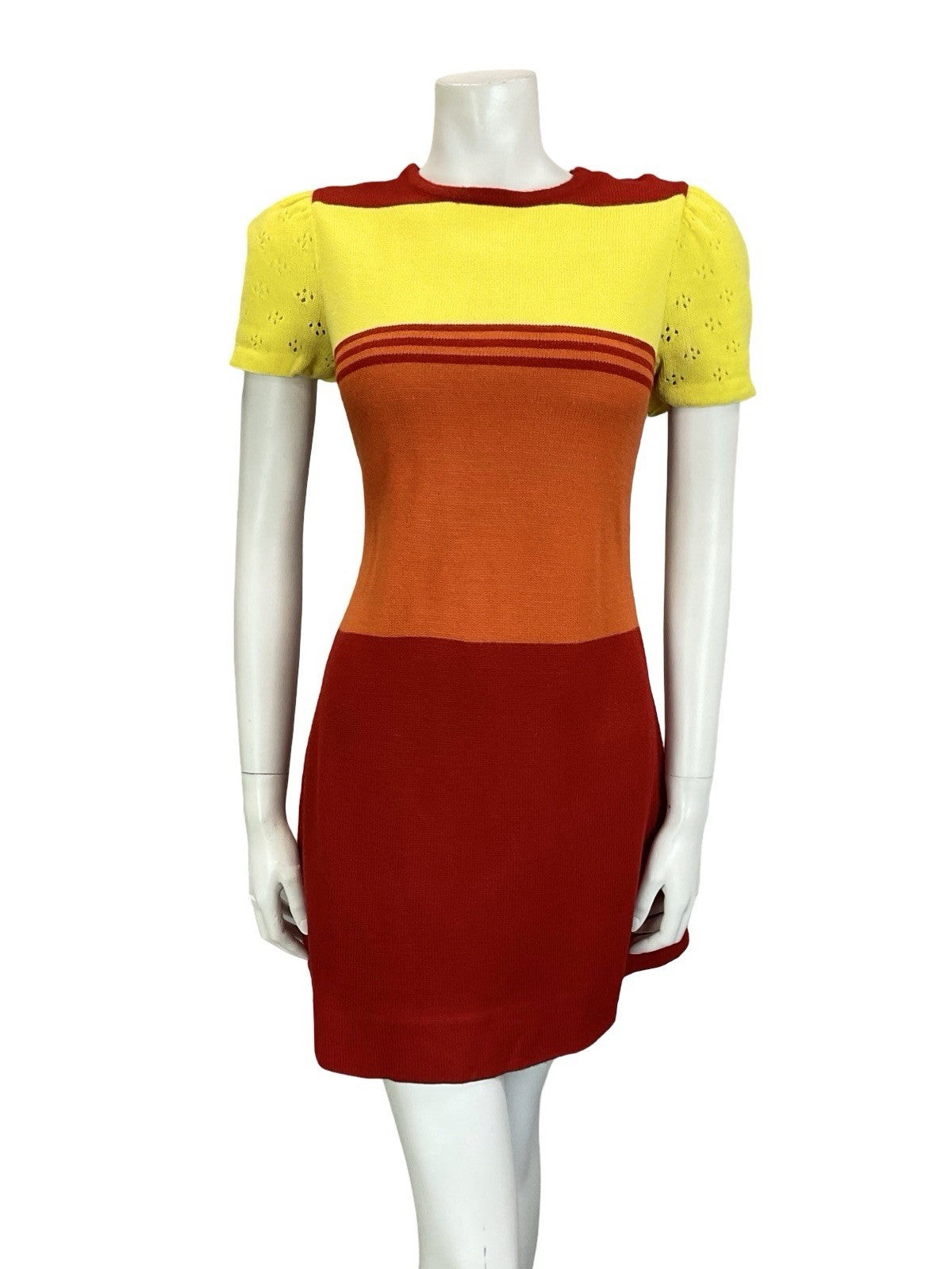 VTG 60S MOD GOGO RED YELLOW ORANGE COLOUR BLOCK PUFF SLEEVE KNIT MINI DRESS 10