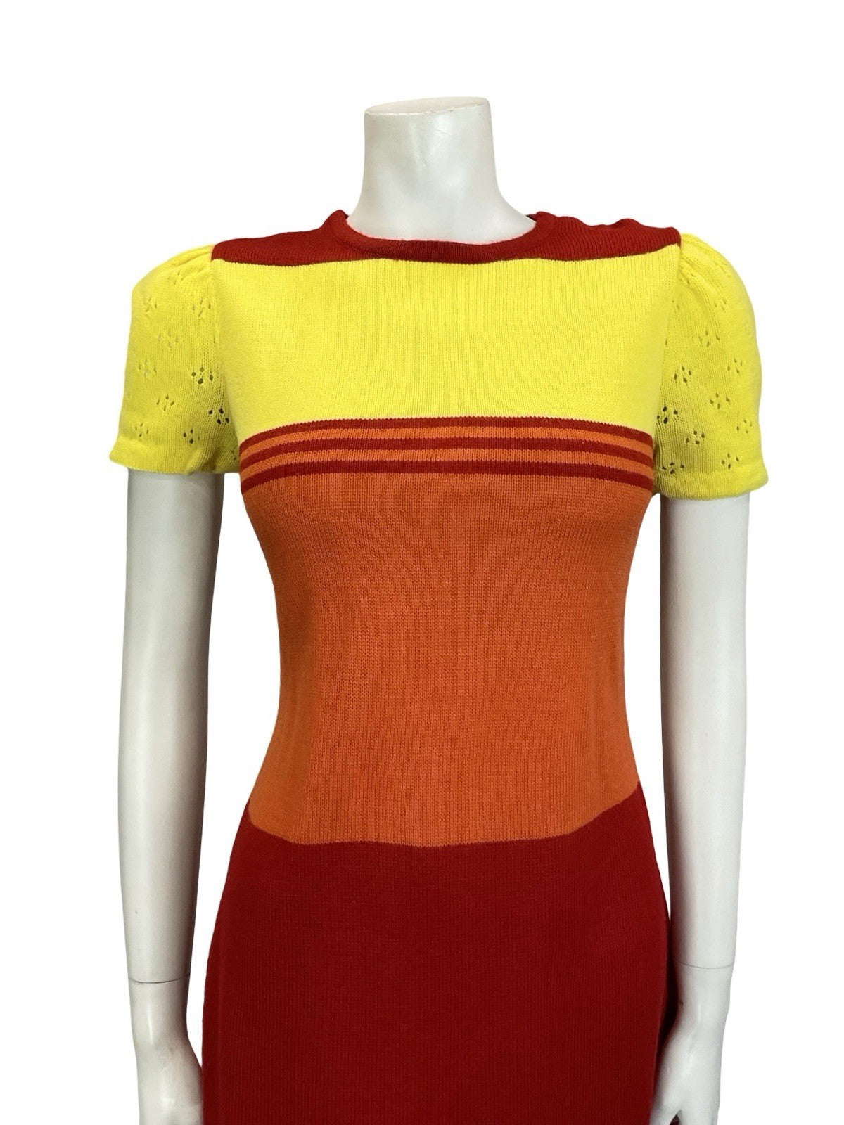 VTG 60S MOD GOGO RED YELLOW ORANGE COLOUR BLOCK PUFF SLEEVE KNIT MINI DRESS 10
