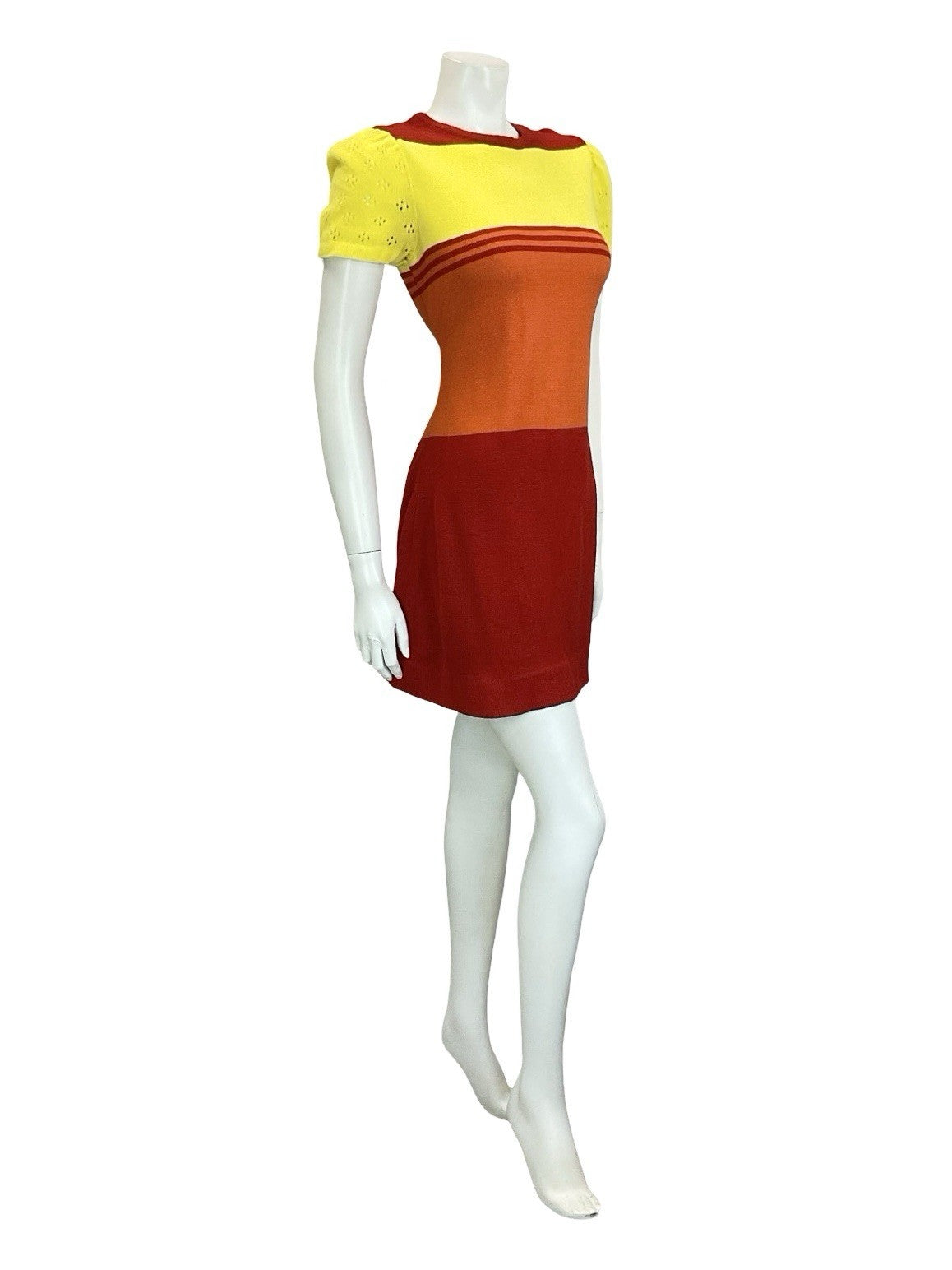 VTG 60S MOD GOGO RED YELLOW ORANGE COLOUR BLOCK PUFF SLEEVE KNIT MINI DRESS 10