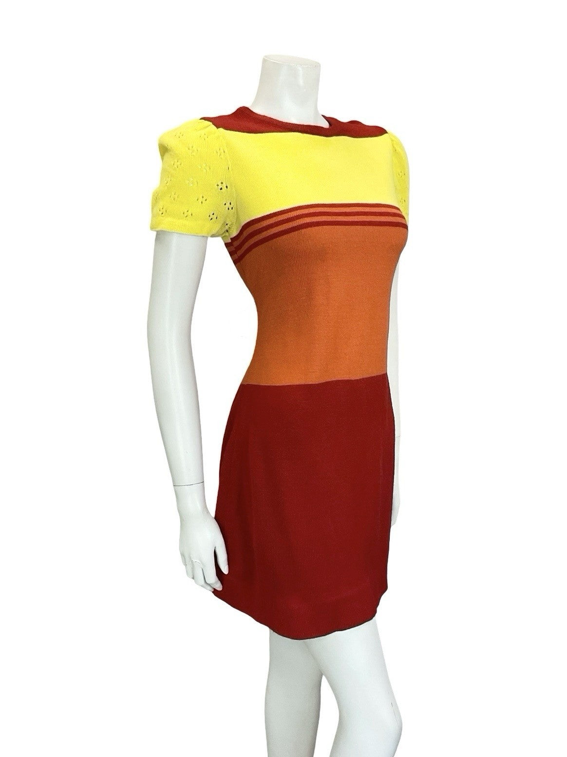VTG 60S MOD GOGO RED YELLOW ORANGE COLOUR BLOCK PUFF SLEEVE KNIT MINI DRESS 10