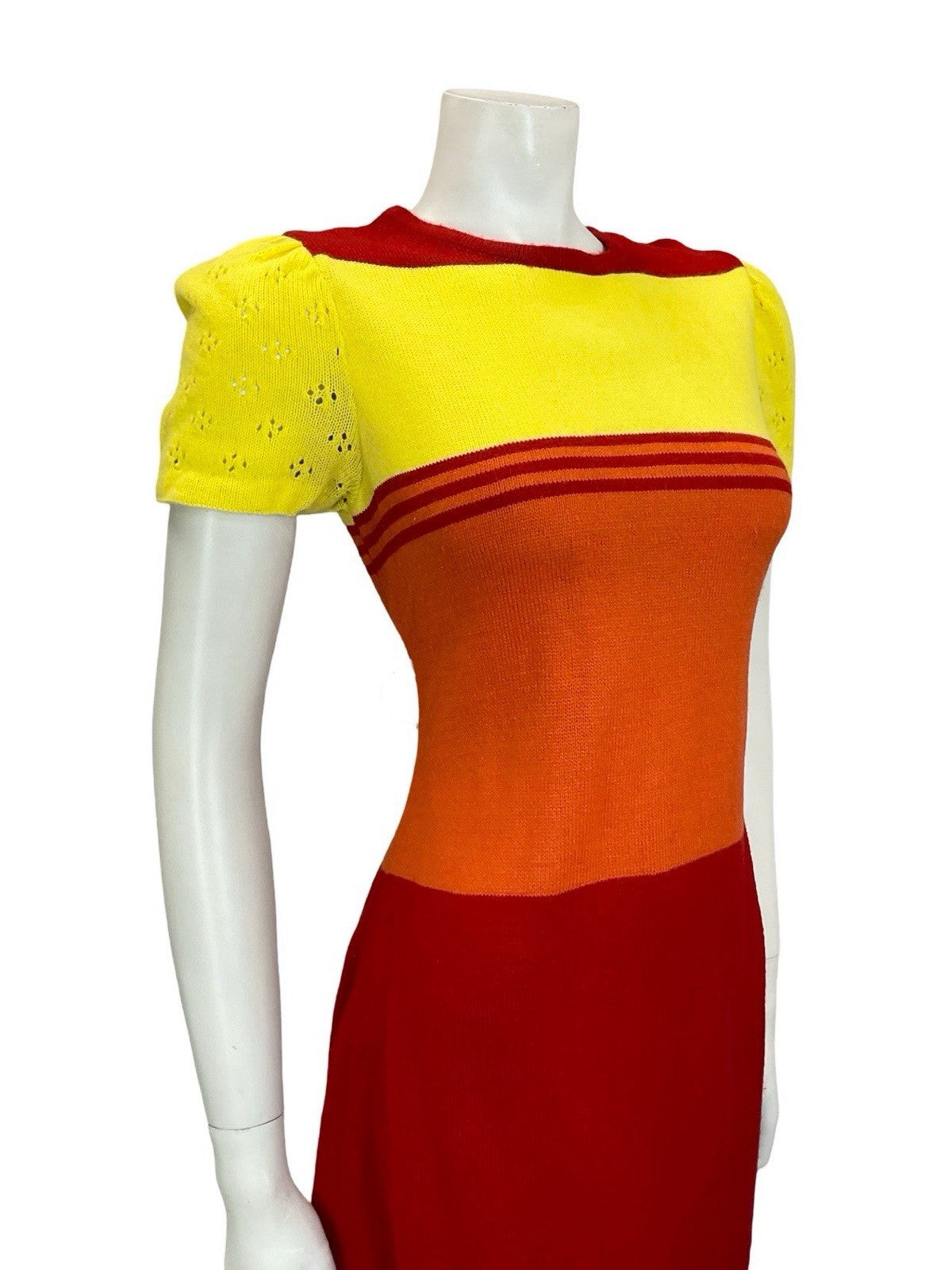 VTG 60S MOD GOGO RED YELLOW ORANGE COLOUR BLOCK PUFF SLEEVE KNIT MINI DRESS 10