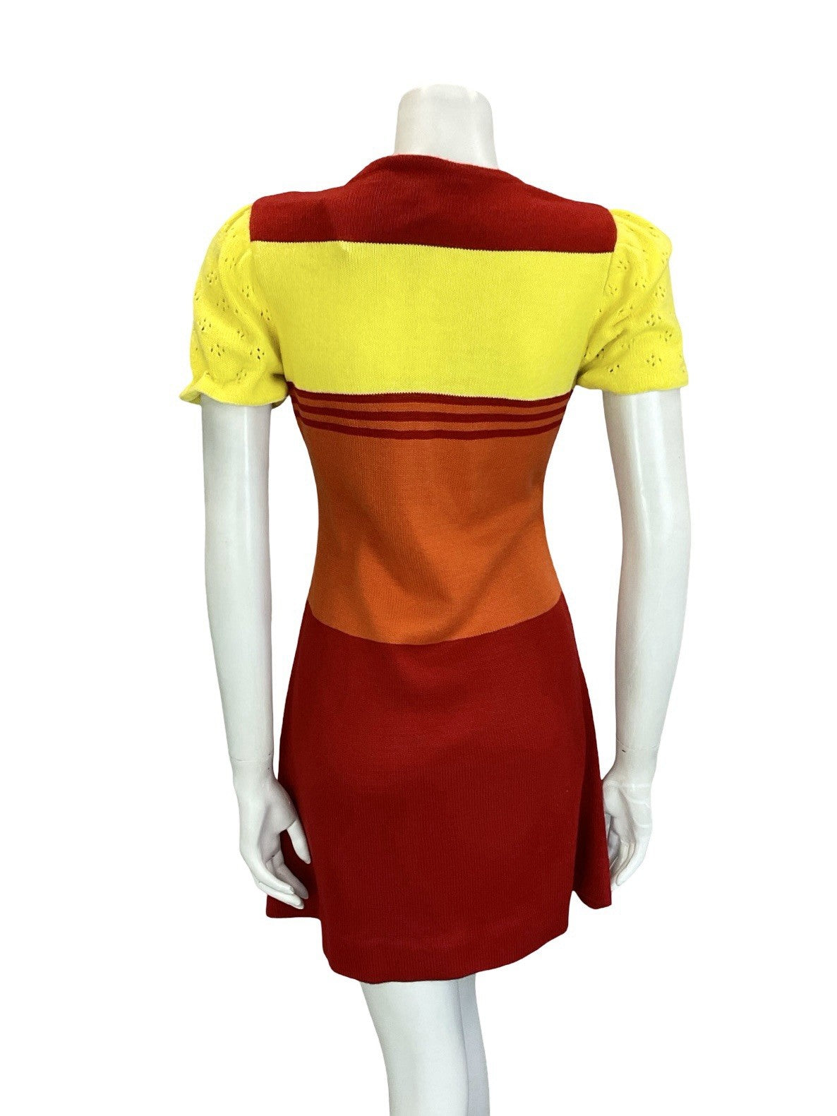 VTG 60S MOD GOGO RED YELLOW ORANGE COLOUR BLOCK PUFF SLEEVE KNIT MINI DRESS 10
