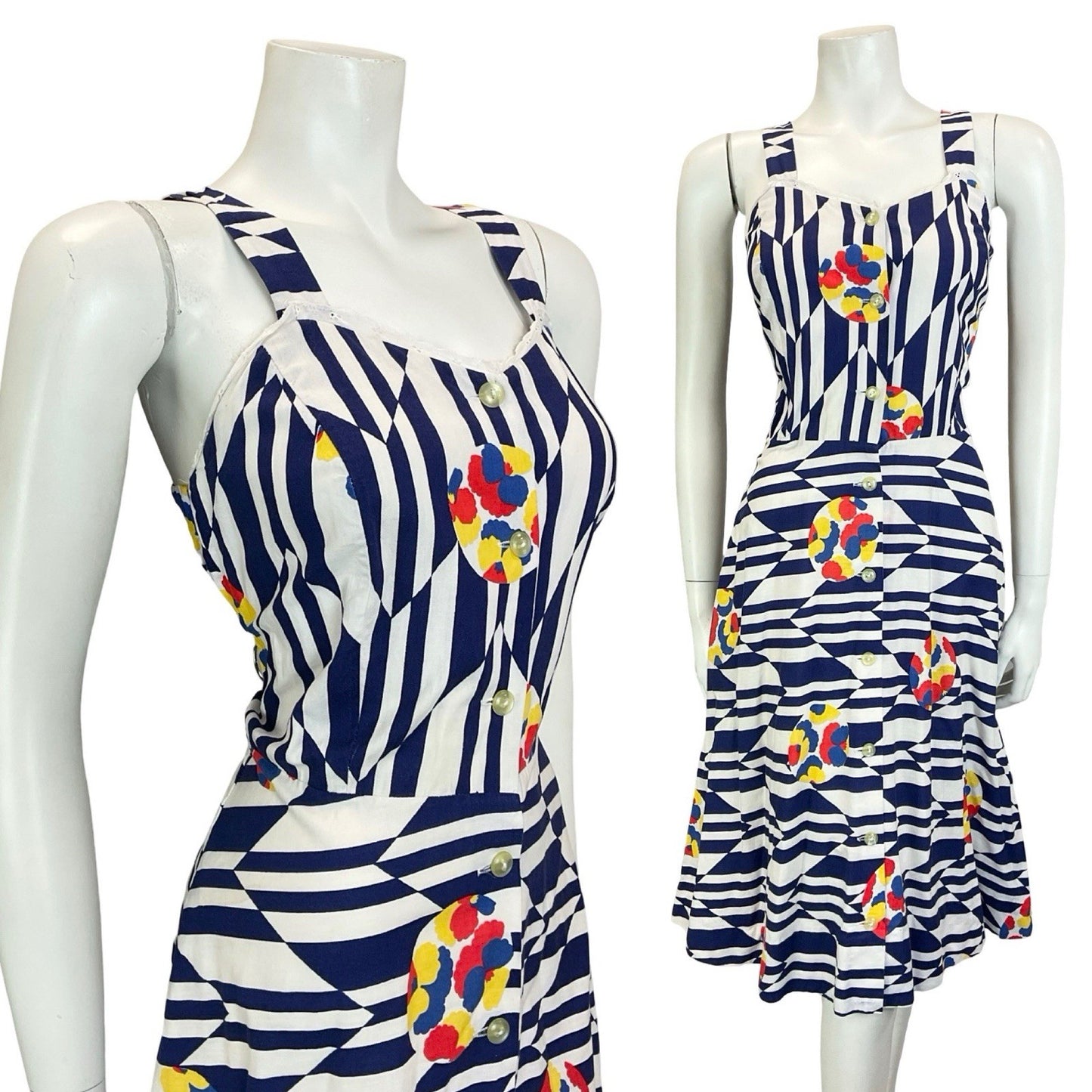 VTG 60S 70S NAVY BLUE WHITE CHEVRON GEOMETRIC FLORAL STRAPPY SUN DRESS 10 12