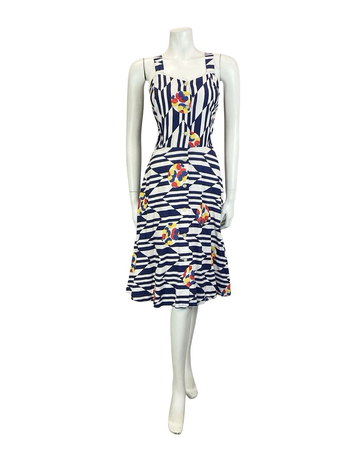 VTG 60S 70S NAVY BLUE WHITE CHEVRON GEOMETRIC FLORAL STRAPPY SUN DRESS 10 12