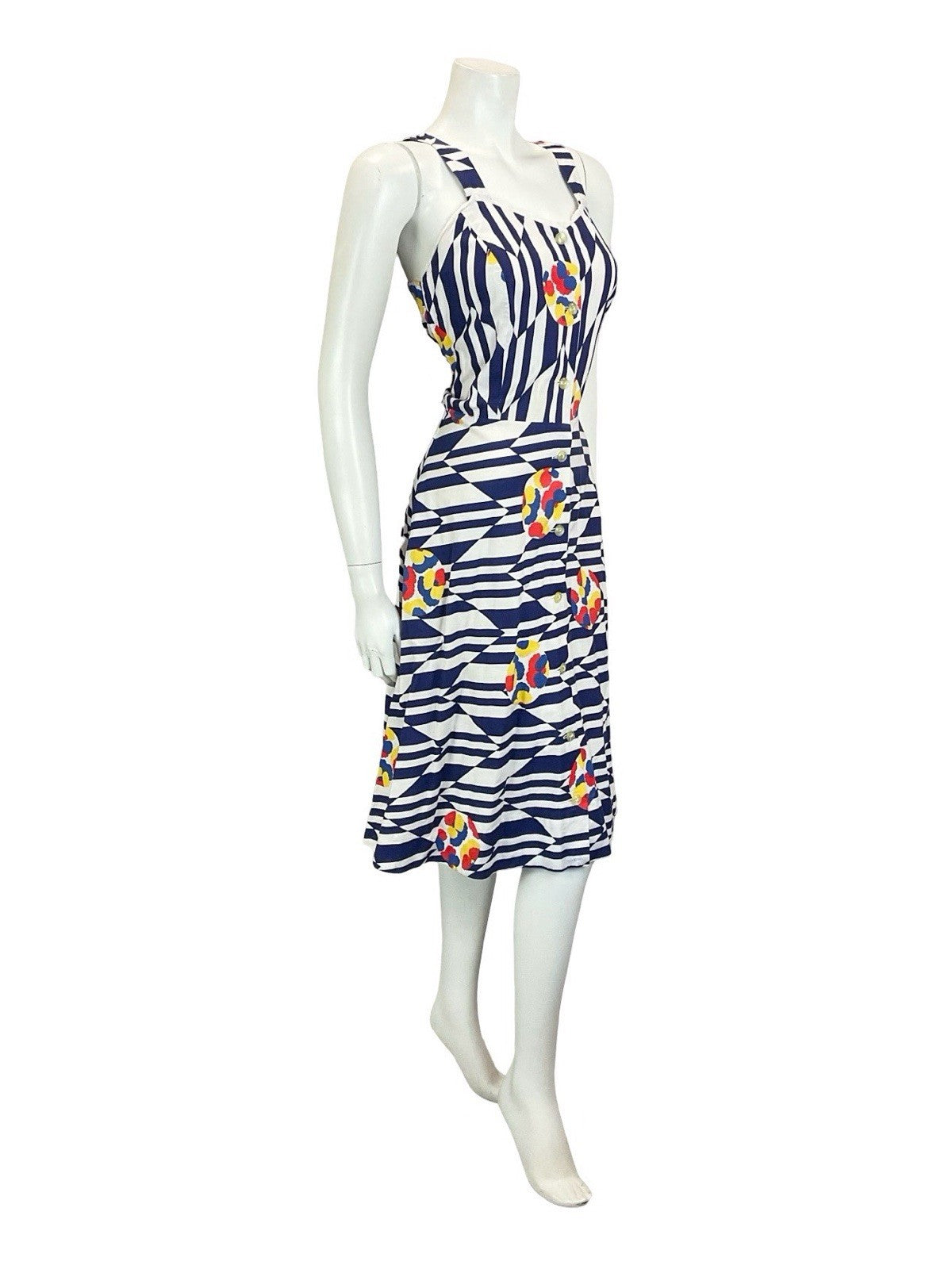 VTG 60S 70S NAVY BLUE WHITE CHEVRON GEOMETRIC FLORAL STRAPPY SUN DRESS 10 12