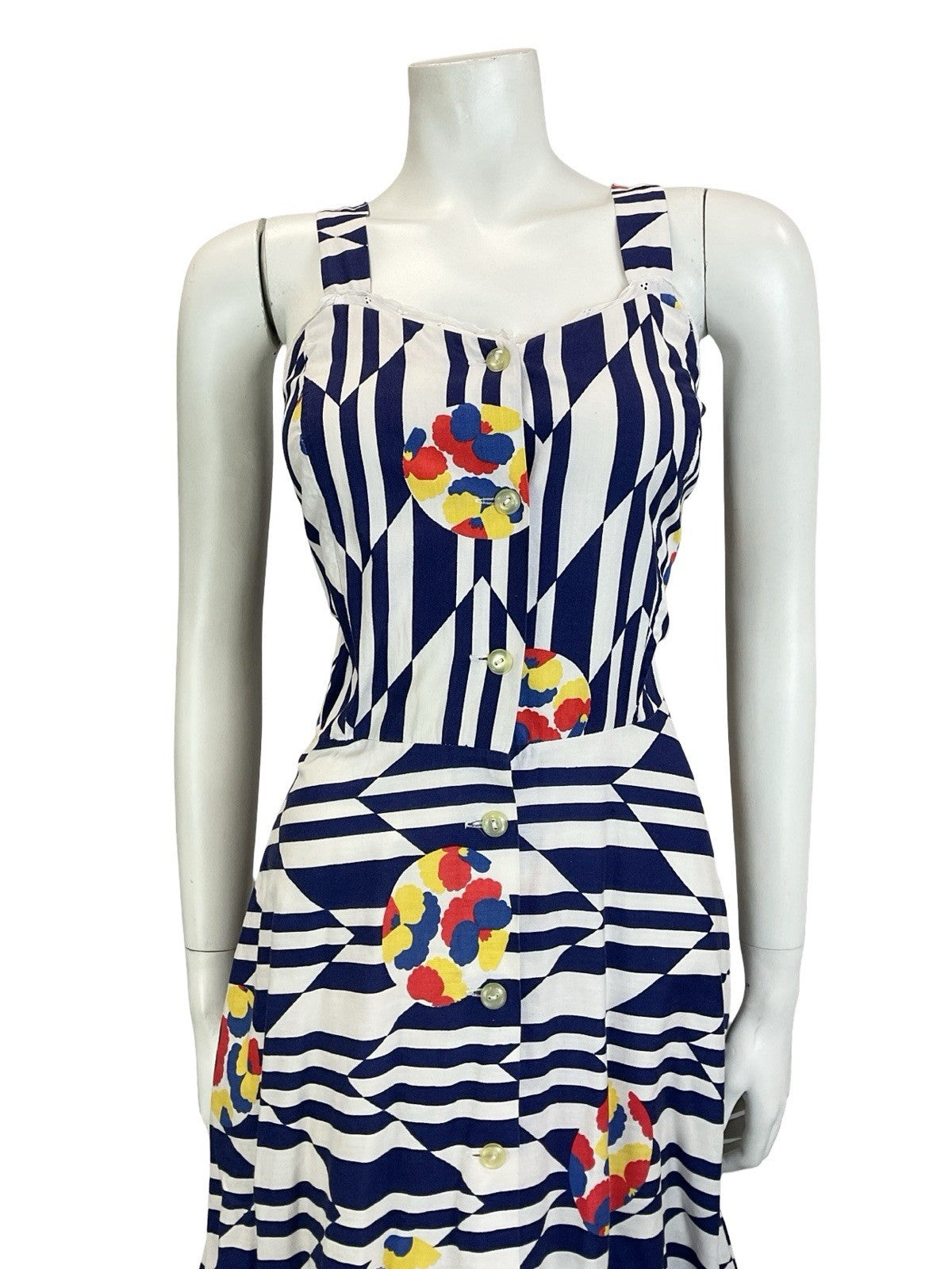VTG 60S 70S NAVY BLUE WHITE CHEVRON GEOMETRIC FLORAL STRAPPY SUN DRESS 10 12