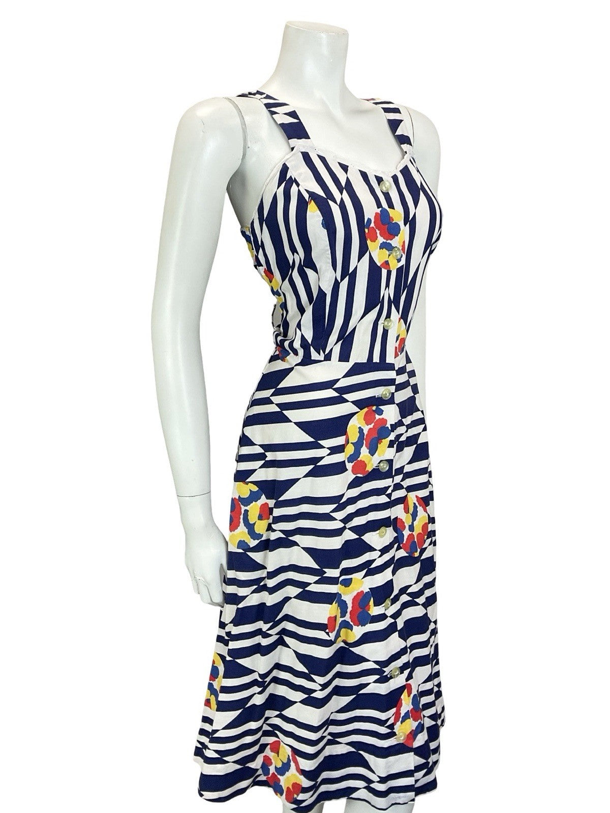 VTG 60S 70S NAVY BLUE WHITE CHEVRON GEOMETRIC FLORAL STRAPPY SUN DRESS 10 12