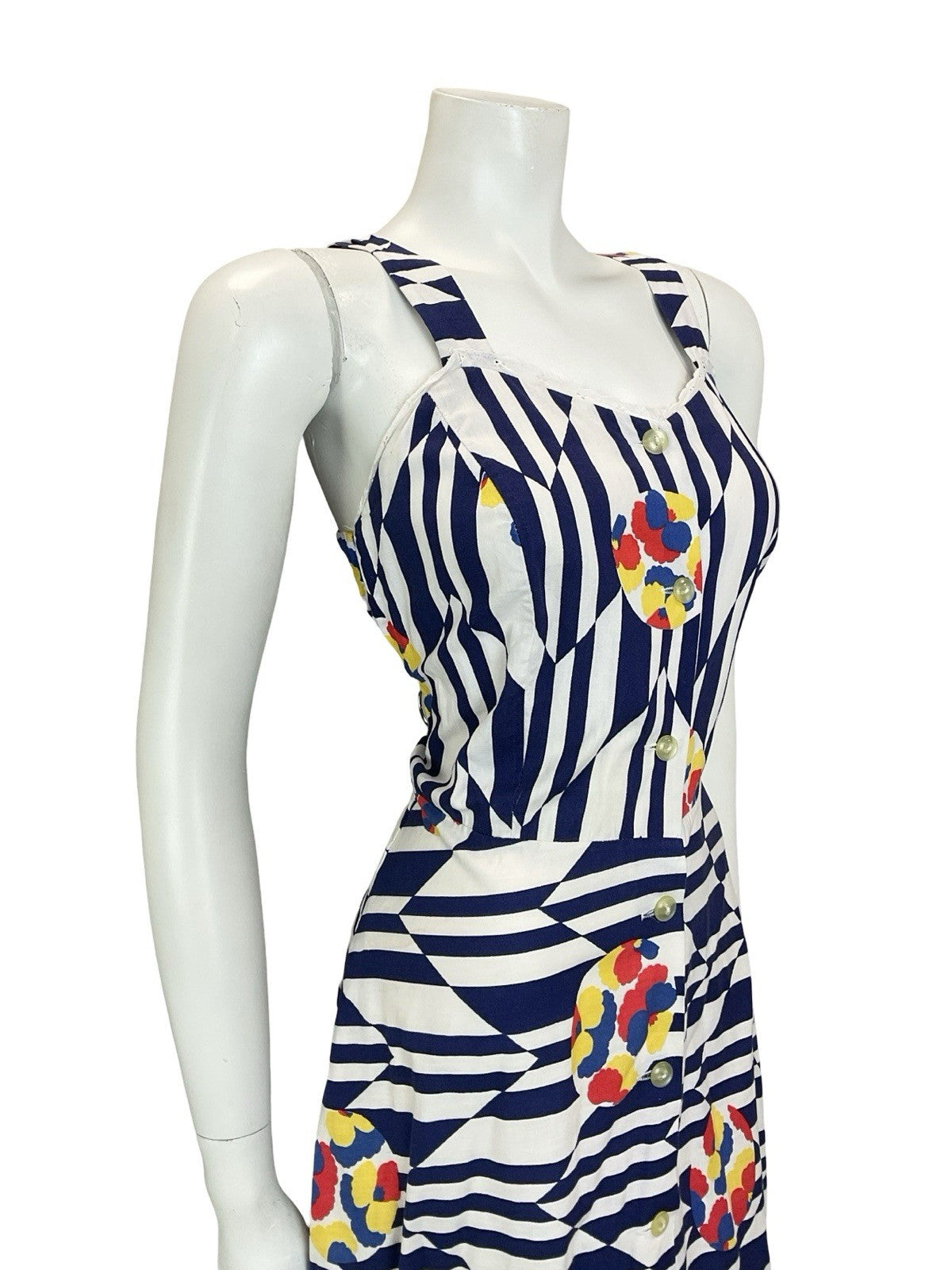 VTG 60S 70S NAVY BLUE WHITE CHEVRON GEOMETRIC FLORAL STRAPPY SUN DRESS 10 12