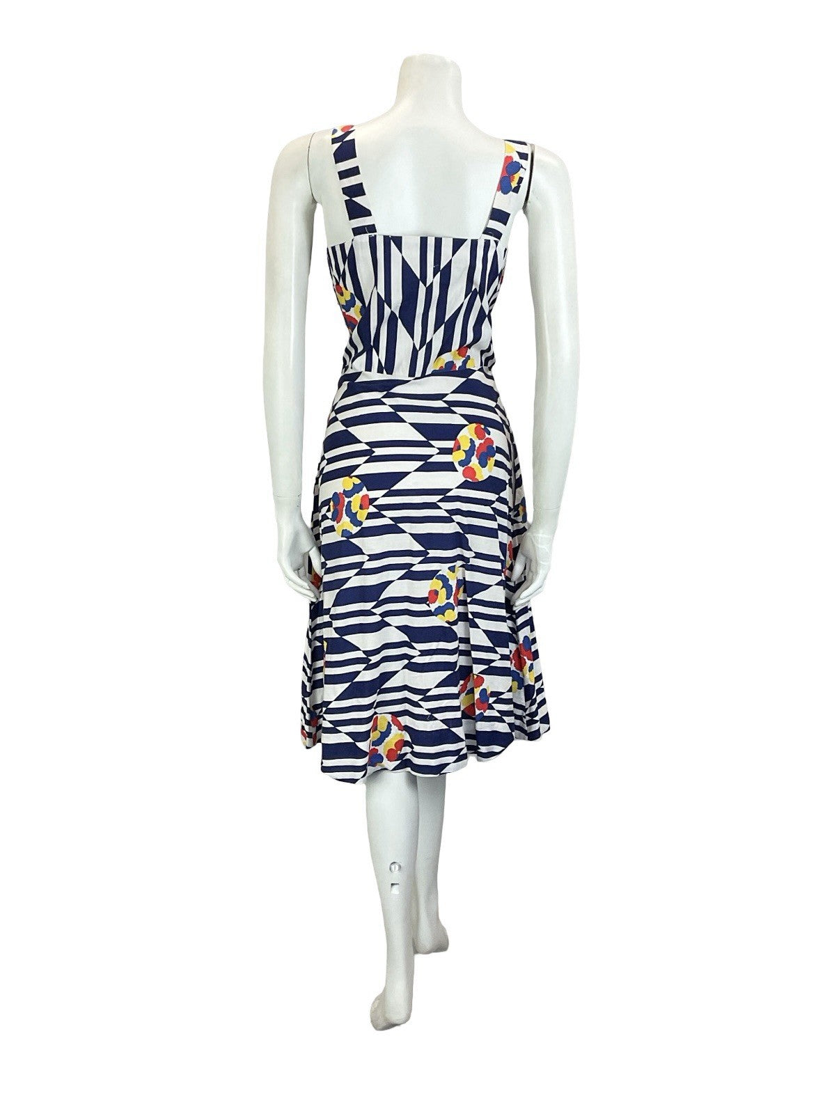VTG 60S 70S NAVY BLUE WHITE CHEVRON GEOMETRIC FLORAL STRAPPY SUN DRESS 10 12
