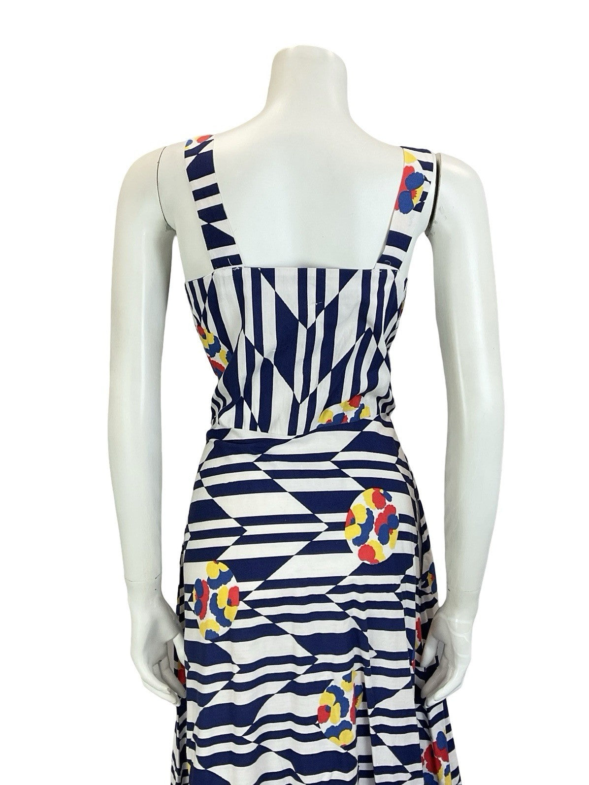 VTG 60S 70S NAVY BLUE WHITE CHEVRON GEOMETRIC FLORAL STRAPPY SUN DRESS 10 12