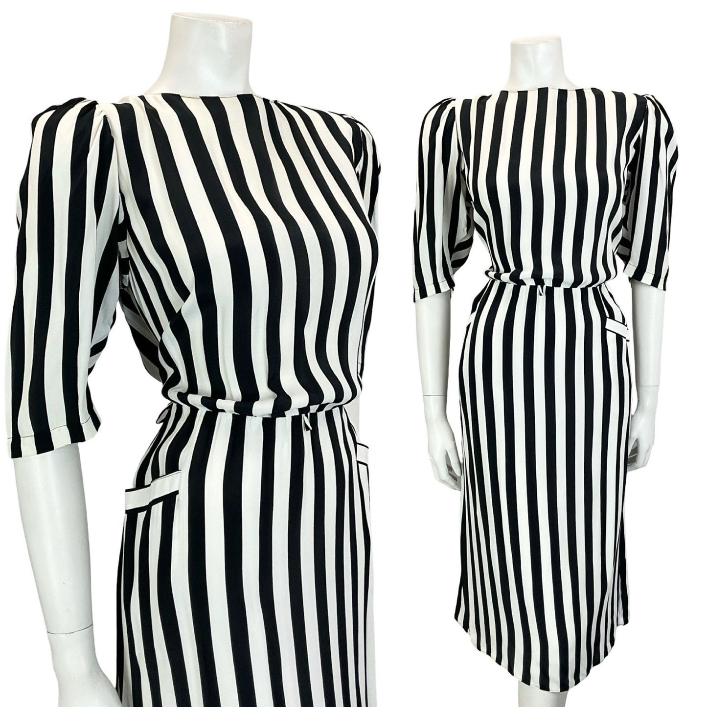 VTG 60S 70S BLACK WHITE STRIPED BLOUSON 1/2 SLEEVE MIDI DRESS W/ POCKETS M 12 14