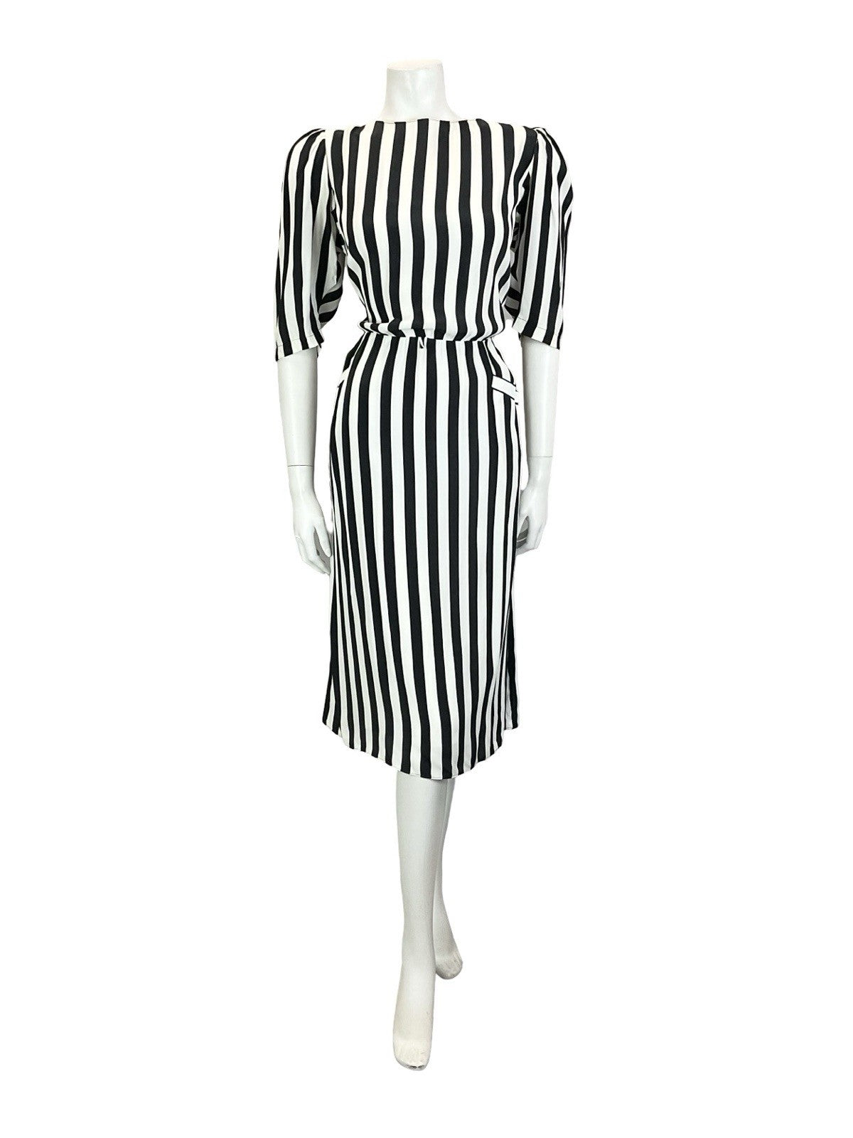 VTG 60S 70S BLACK WHITE STRIPED BLOUSON 1/2 SLEEVE MIDI DRESS W/ POCKETS M 12 14