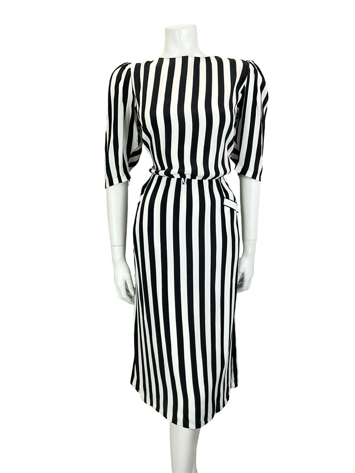 VTG 60S 70S BLACK WHITE STRIPED BLOUSON 1/2 SLEEVE MIDI DRESS W/ POCKETS M 12 14