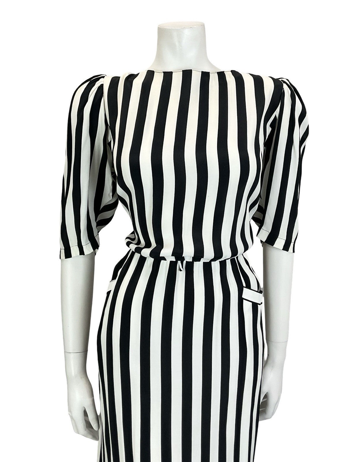 VTG 60S 70S BLACK WHITE STRIPED BLOUSON 1/2 SLEEVE MIDI DRESS W/ POCKETS M 12 14