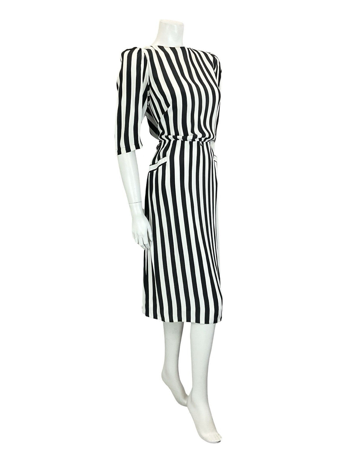 VTG 60S 70S BLACK WHITE STRIPED BLOUSON 1/2 SLEEVE MIDI DRESS W/ POCKETS M 12 14